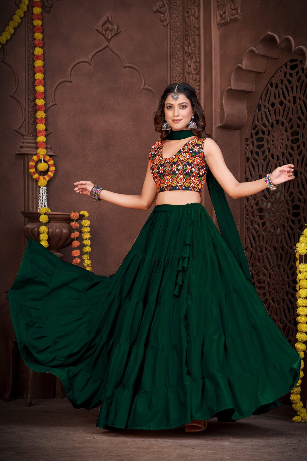 Women's Green French Crepe Traditional Kutchi Embroidery with Mirror Work Semi Stitched Lehenga Choli With Dupatta (Nav_03_Green)