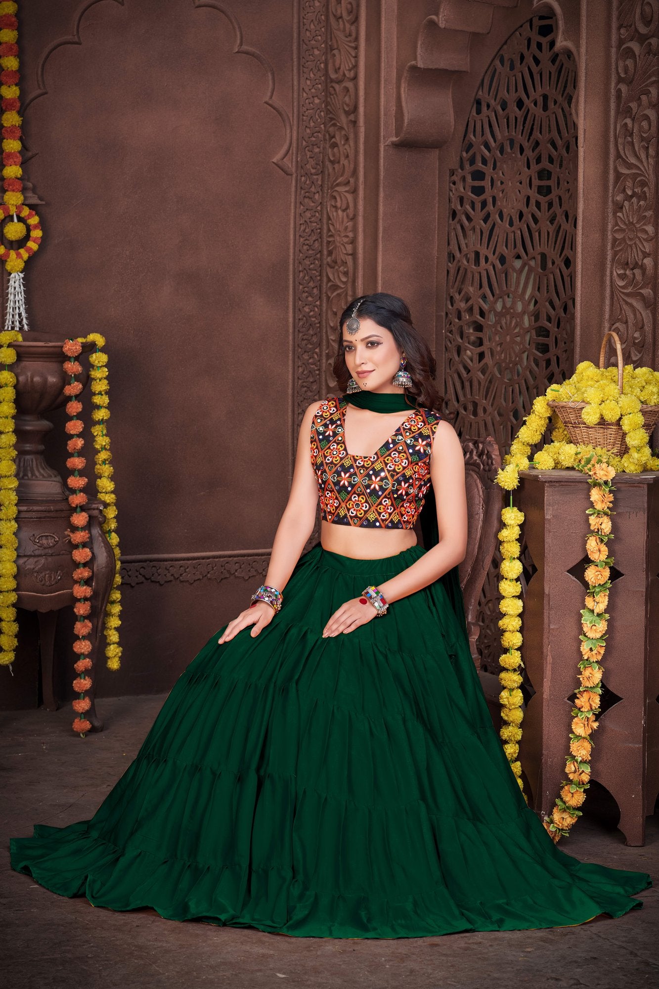 Women's Green French Crepe Traditional Kutchi Embroidery with Mirror Work Semi Stitched Lehenga Choli With Dupatta (Nav_03_Green)