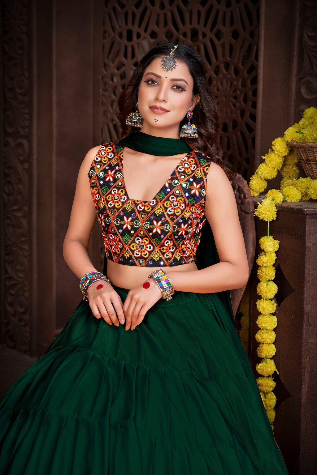 Women's Green French Crepe Traditional Kutchi Embroidery with Mirror Work Semi Stitched Lehenga Choli With Dupatta (Nav_03_Green)