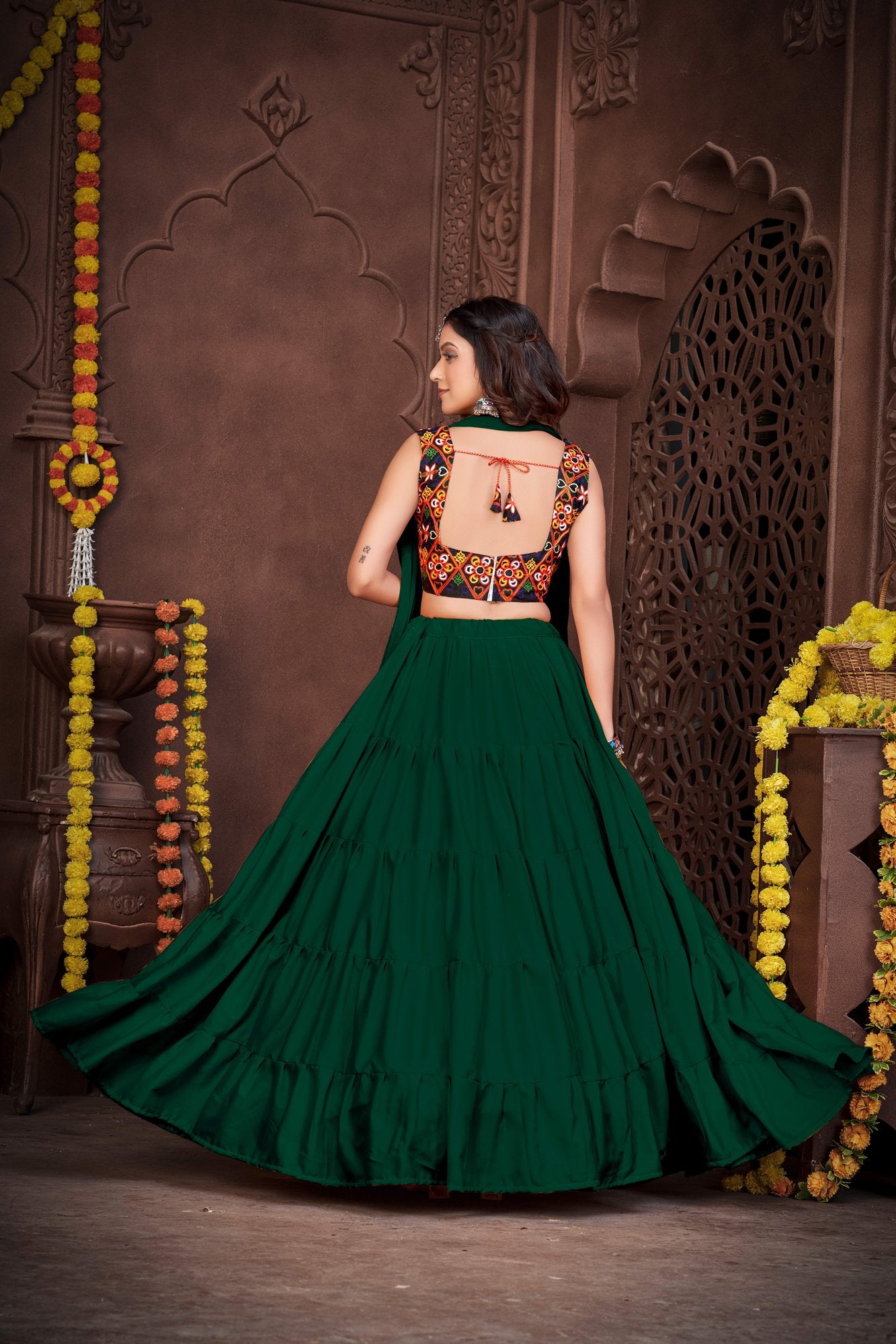 Women's Green French Crepe Traditional Kutchi Embroidery with Mirror Work Semi Stitched Lehenga Choli With Dupatta (Nav_03_Green)