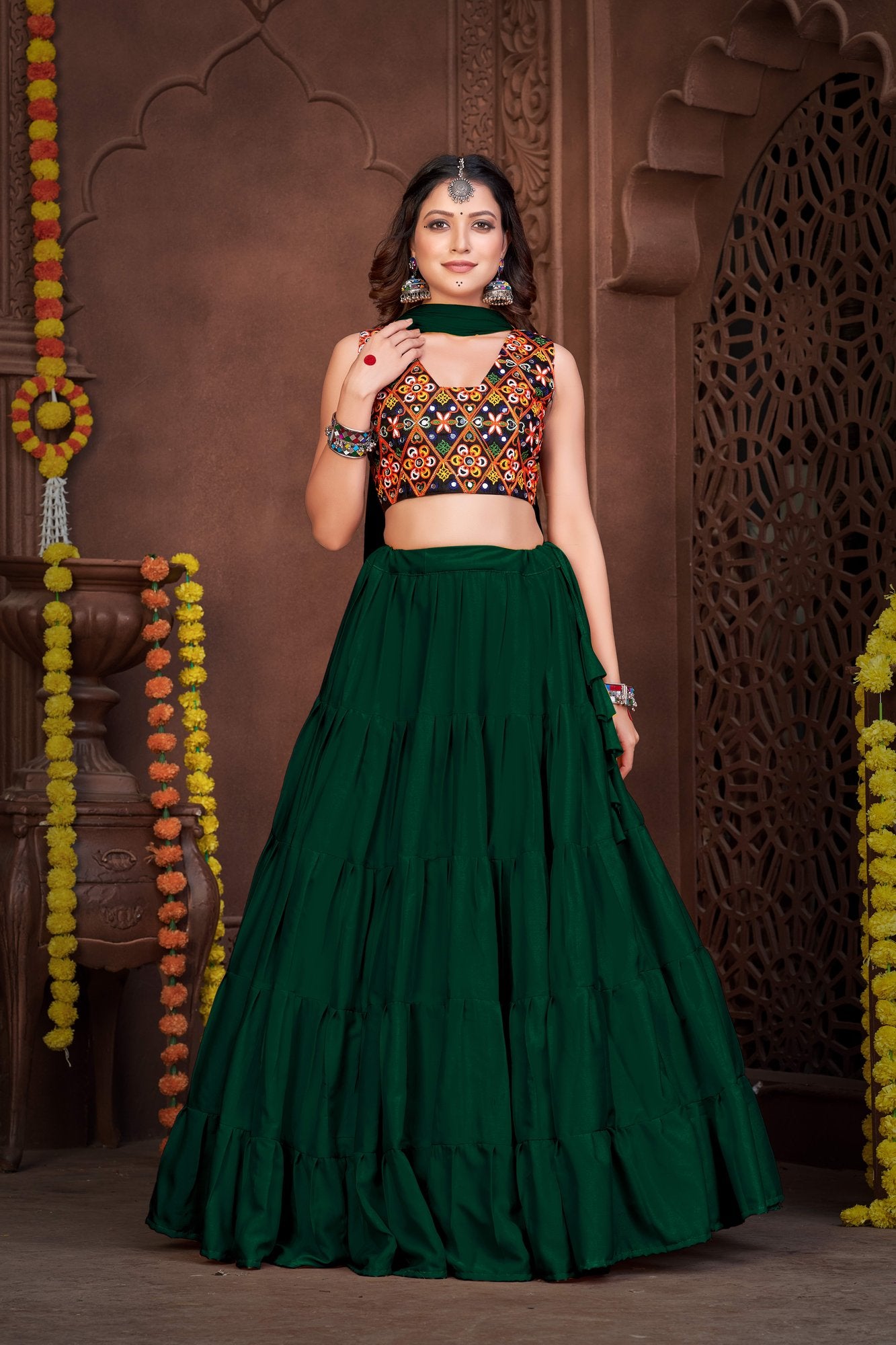 Women's Green French Crepe Traditional Kutchi Embroidery with Mirror Work Semi Stitched Lehenga Choli With Dupatta (Nav_03_Green)