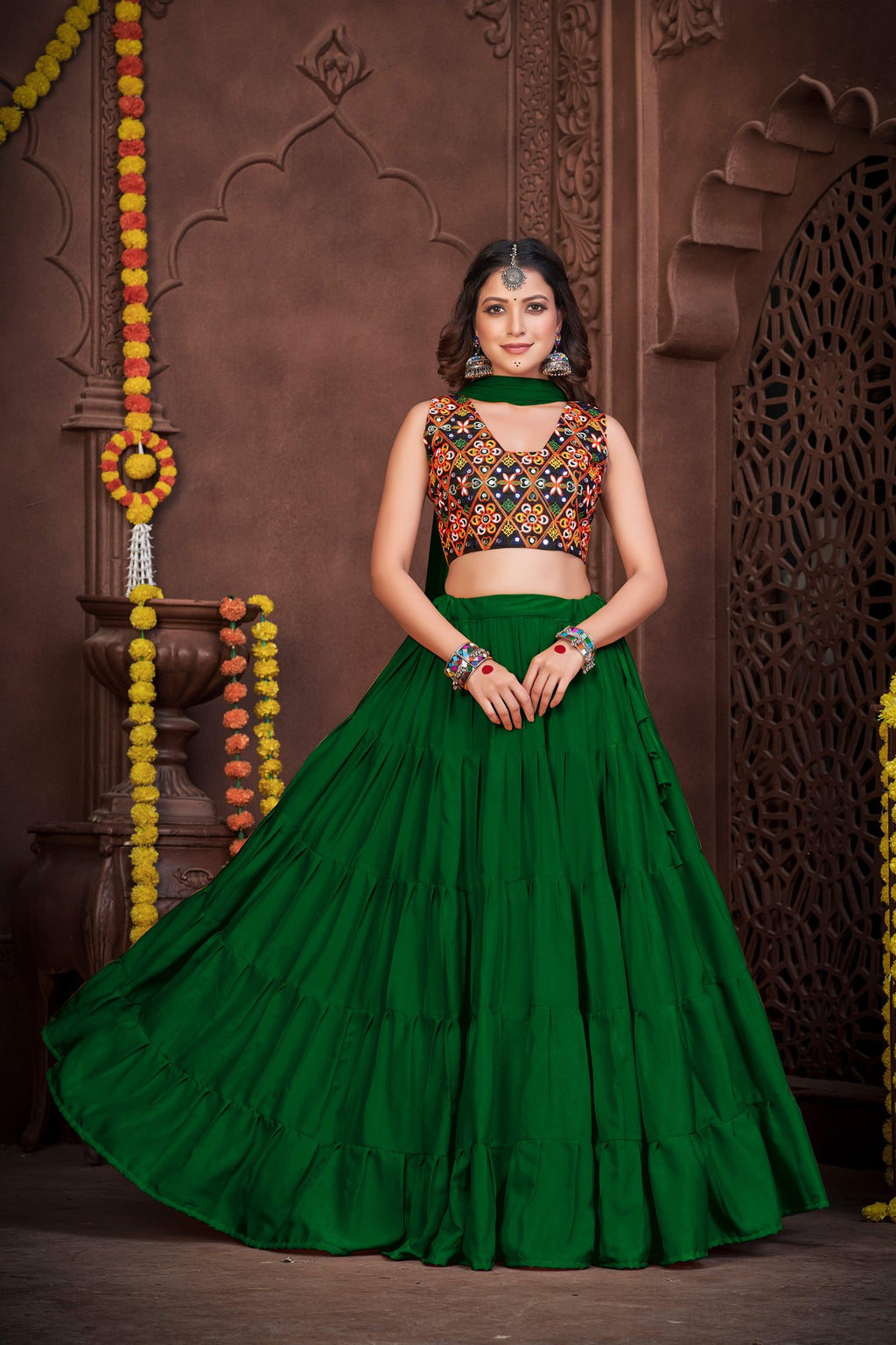 Women's Light Green French Crepe Traditional Kutchi Embroidery with Mirror Work Semi Stitched Lehenga Choli With Dupatta (Nav_03_Light Green)
