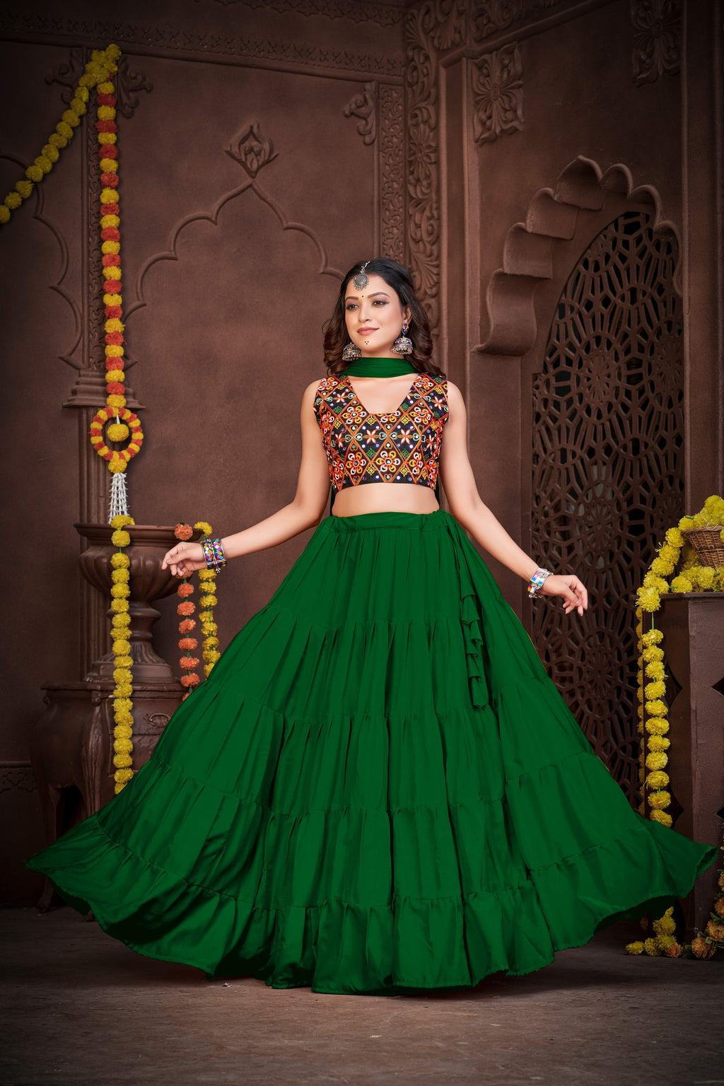 Women's Light Green French Crepe Traditional Kutchi Embroidery with Mirror Work Semi Stitched Lehenga Choli With Dupatta (Nav_03_Light Green)