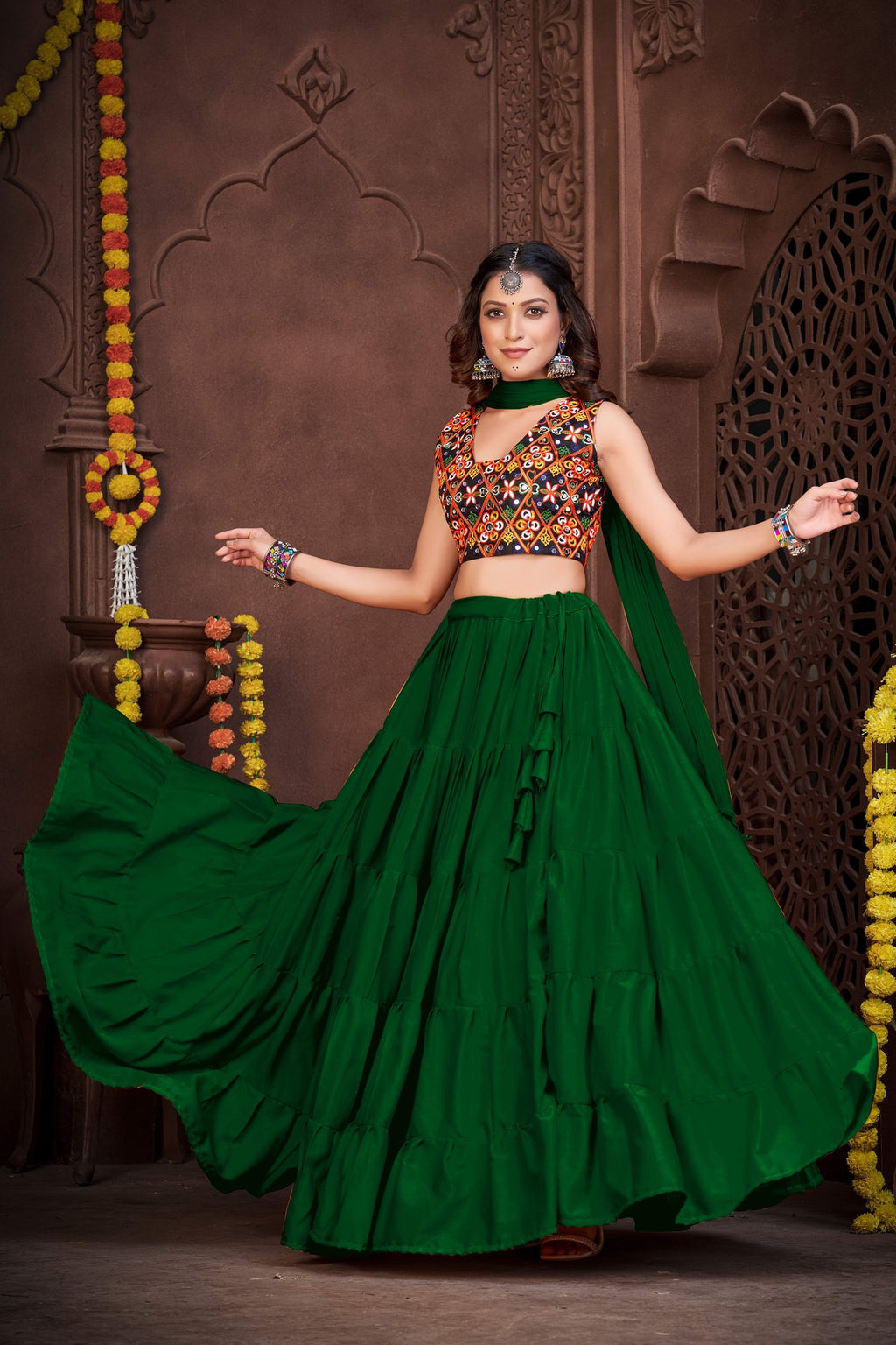 Women's Light Green French Crepe Traditional Kutchi Embroidery with Mirror Work Semi Stitched Lehenga Choli With Dupatta (Nav_03_Light Green)
