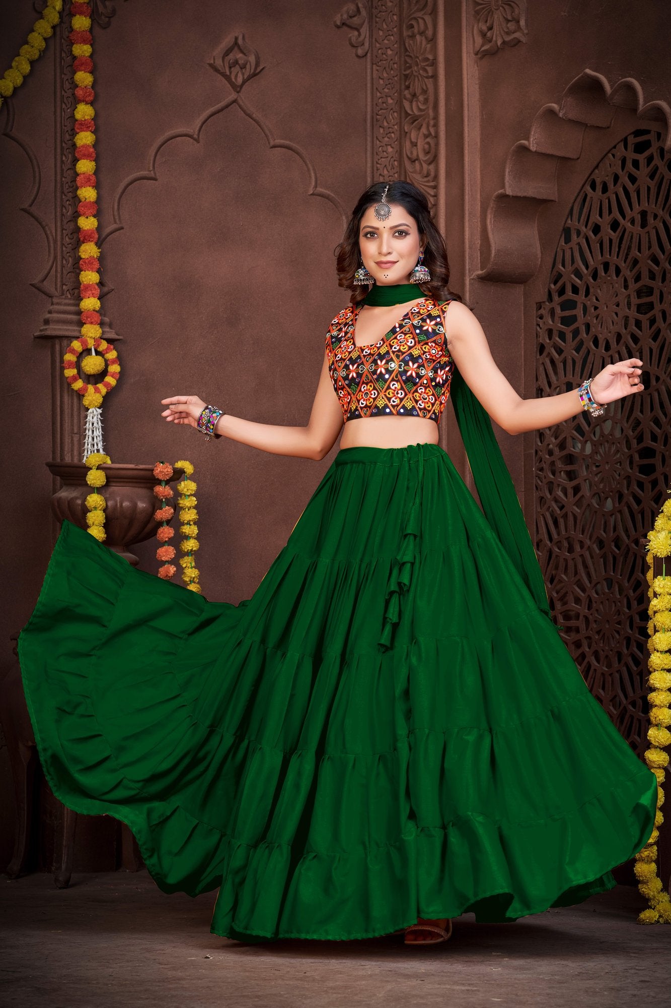 Women's Light Green French Crepe Traditional Kutchi Embroidery with Mirror Work Semi Stitched Lehenga Choli With Dupatta (Nav_03_Light Green)