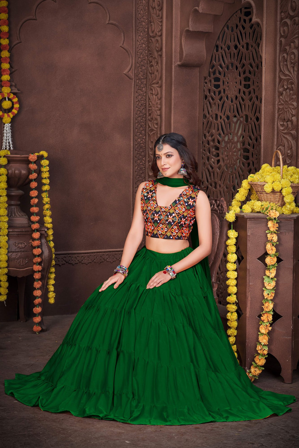 Women's Light Green French Crepe Traditional Kutchi Embroidery with Mirror Work Semi Stitched Lehenga Choli With Dupatta (Nav_03_Light Green)
