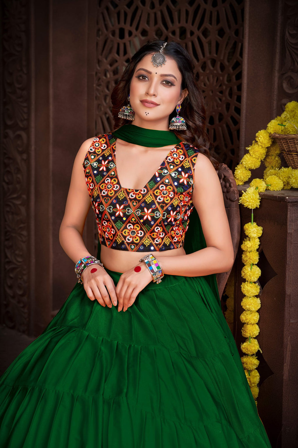 Women's Light Green French Crepe Traditional Kutchi Embroidery with Mirror Work Semi Stitched Lehenga Choli With Dupatta (Nav_03_Light Green)