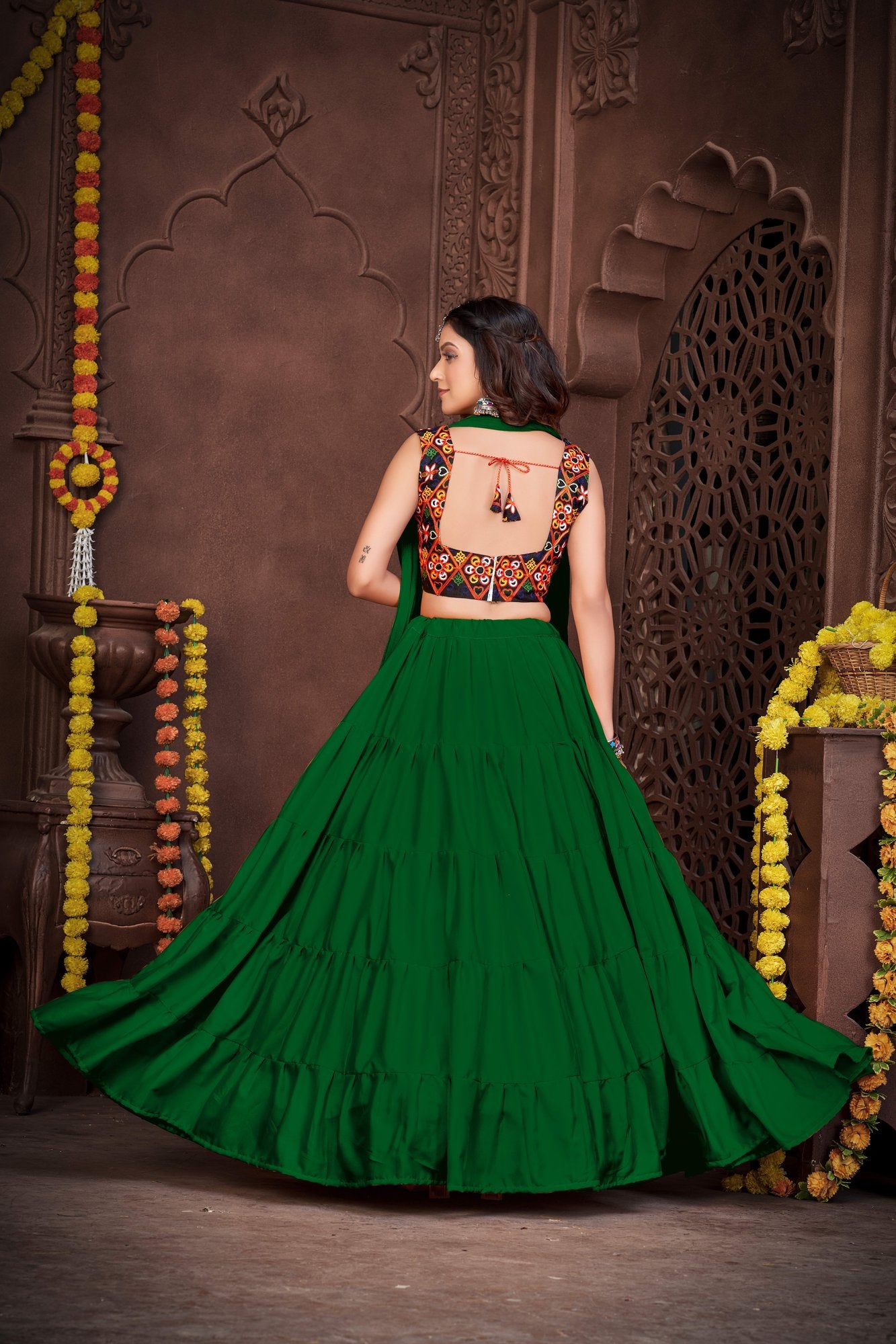 Women's Light Green French Crepe Traditional Kutchi Embroidery with Mirror Work Semi Stitched Lehenga Choli With Dupatta (Nav_03_Light Green)