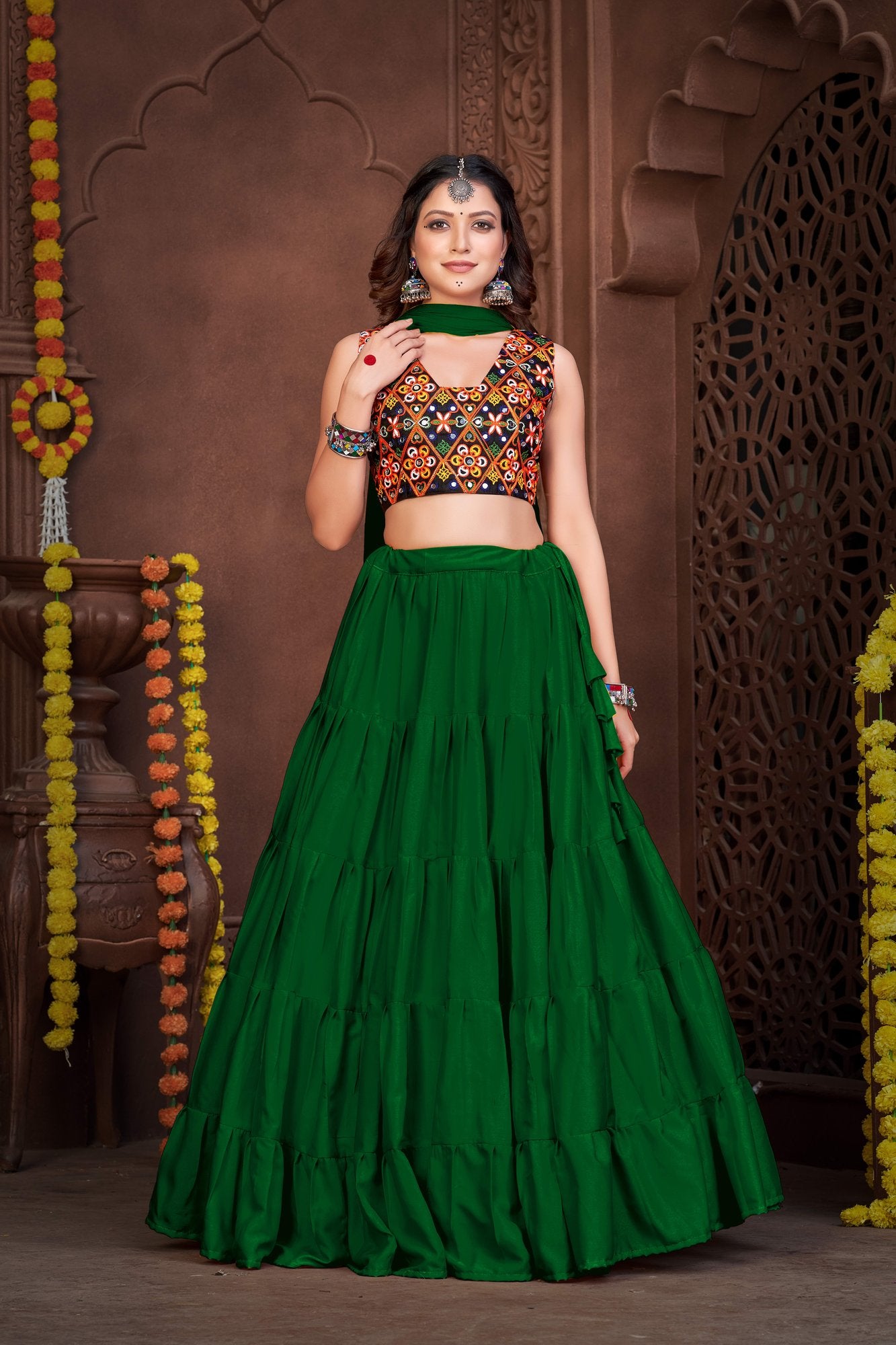 Women's Light Green French Crepe Traditional Kutchi Embroidery with Mirror Work Semi Stitched Lehenga Choli With Dupatta (Nav_03_Light Green)