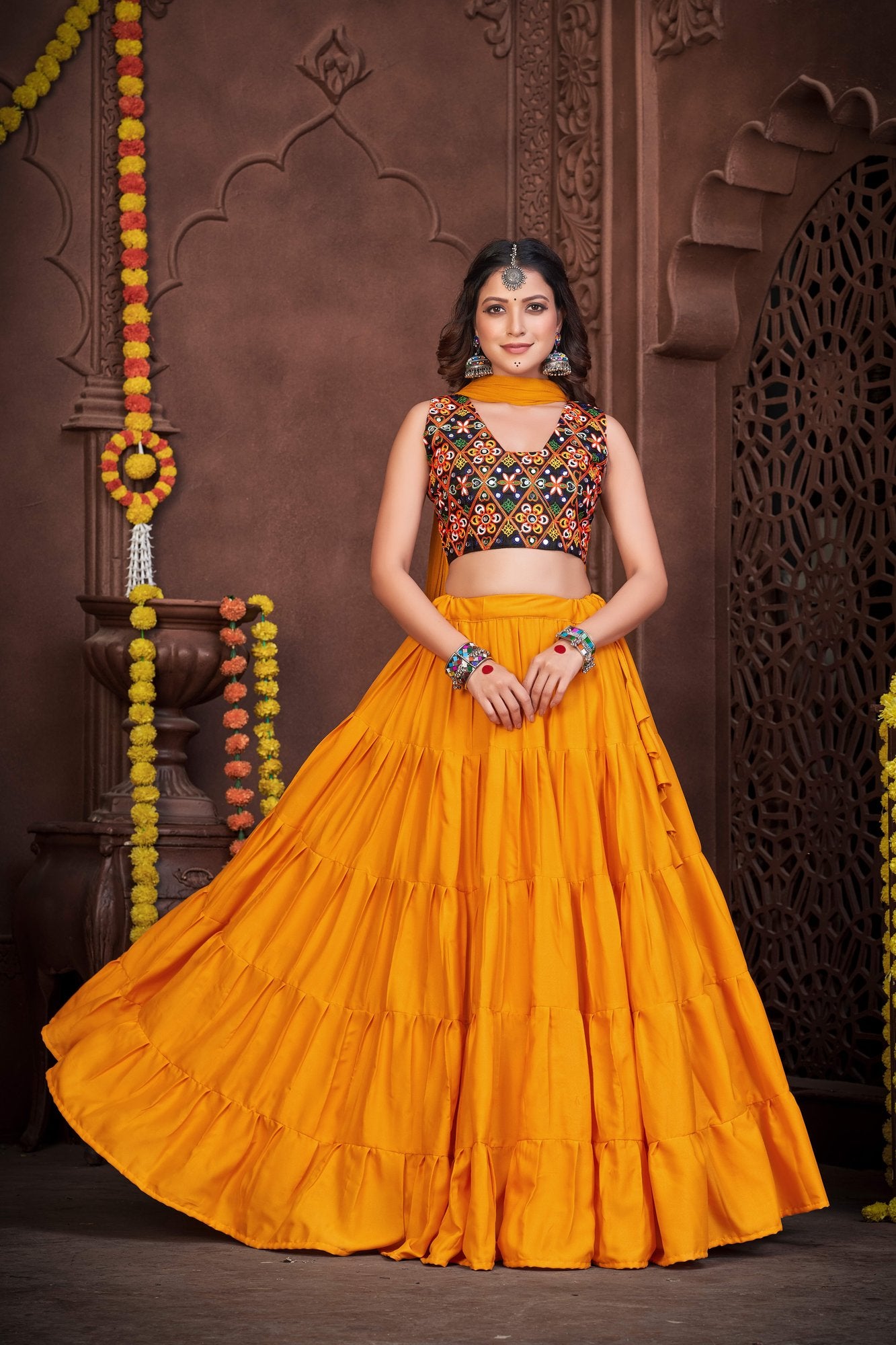 Women's Mustard French Crepe Traditional Kutchi Embroidery with Mirror Work Semi Stitched Lehenga Choli With Dupatta (Nav_03_M&B)