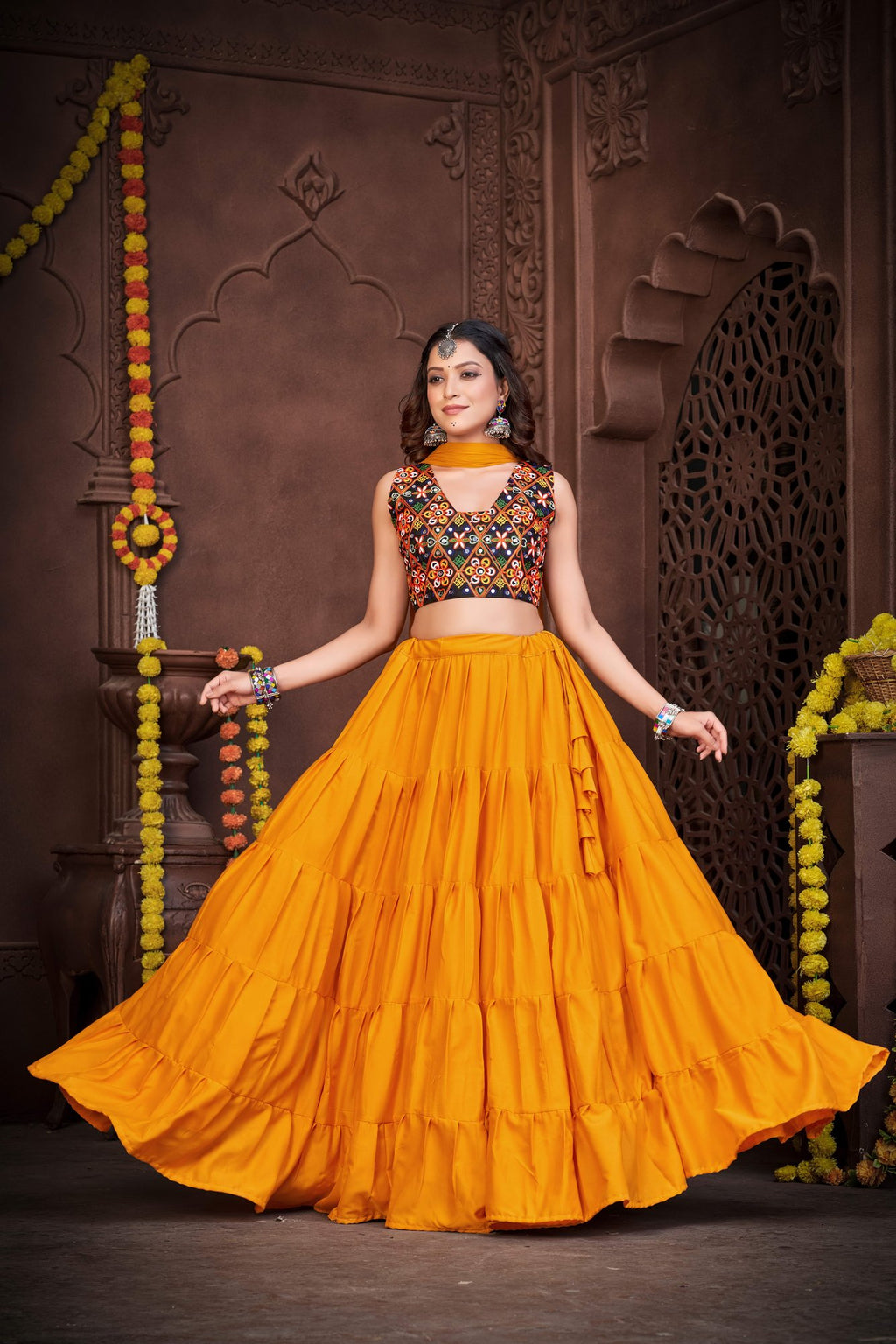 Women's Mustard French Crepe Traditional Kutchi Embroidery with Mirror Work Semi Stitched Lehenga Choli With Dupatta (Nav_03_M&B)