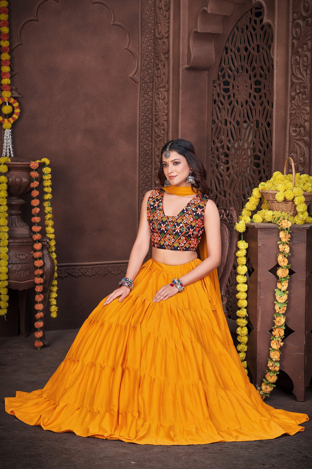 Women's Mustard French Crepe Traditional Kutchi Embroidery with Mirror Work Semi Stitched Lehenga Choli With Dupatta (Nav_03_M&B)