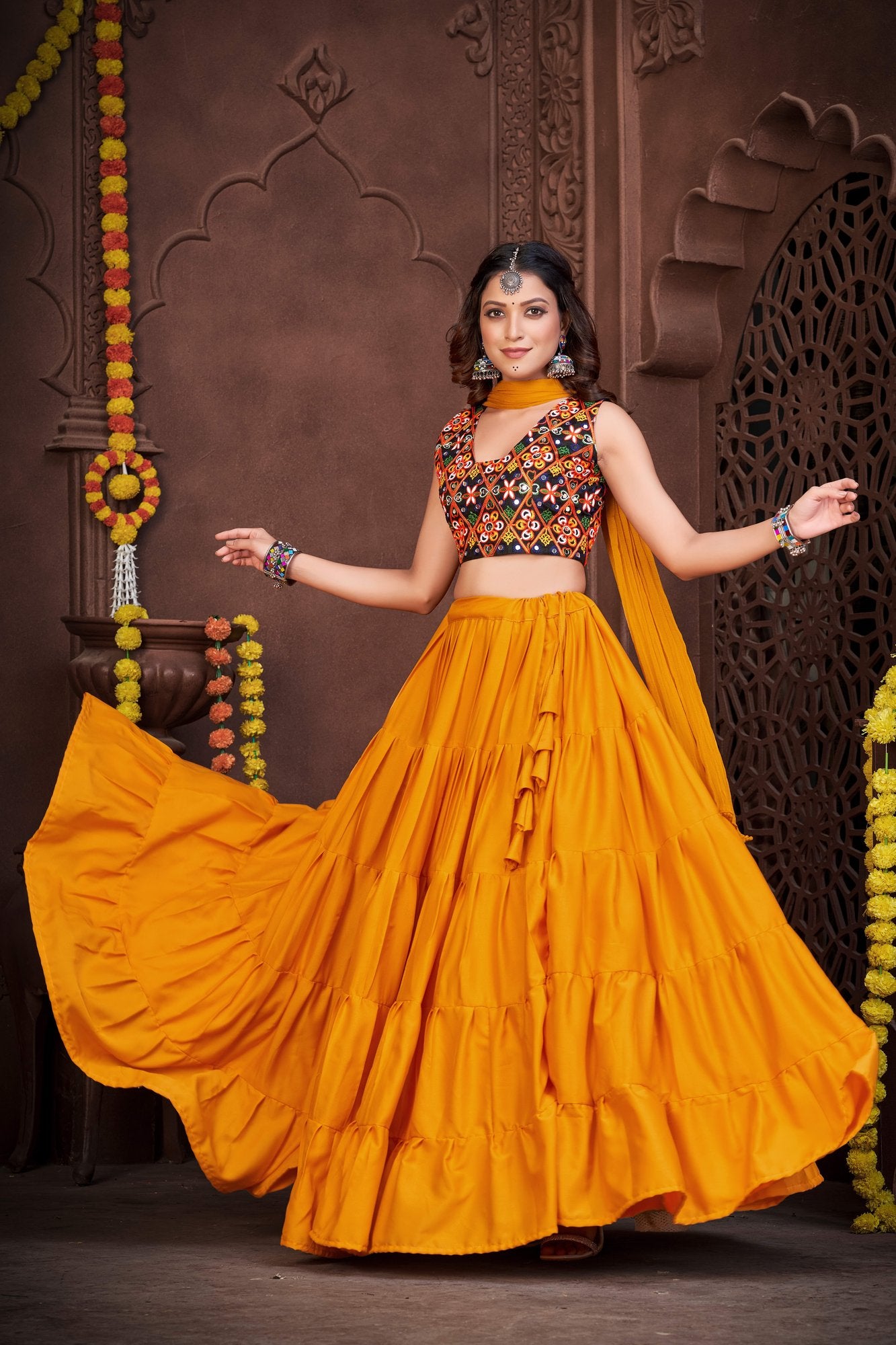 Women's Mustard French Crepe Traditional Kutchi Embroidery with Mirror Work Semi Stitched Lehenga Choli With Dupatta (Nav_03_M&B)
