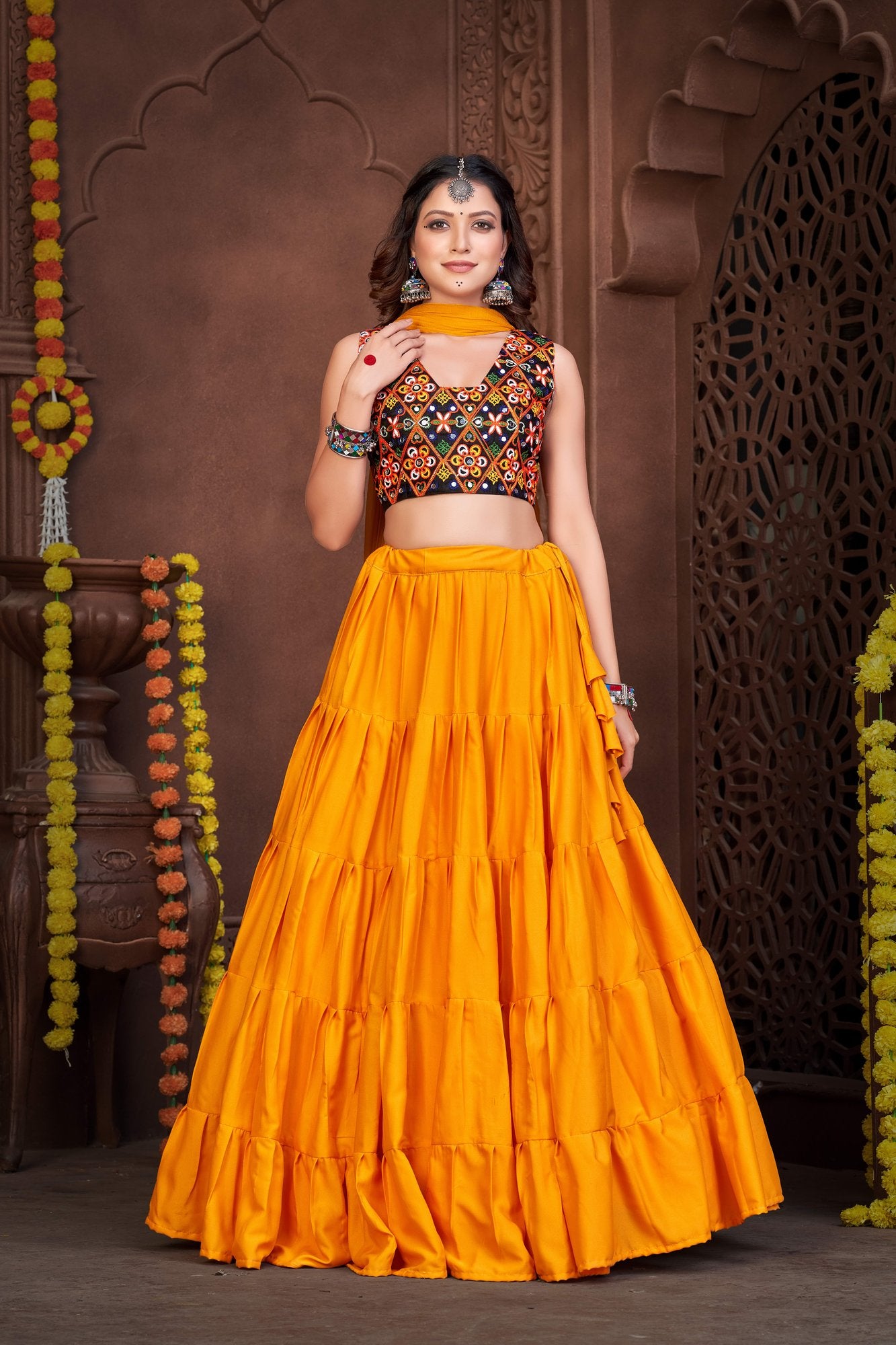 Women's Mustard French Crepe Traditional Kutchi Embroidery with Mirror Work Semi Stitched Lehenga Choli With Dupatta (Nav_03_M&B)