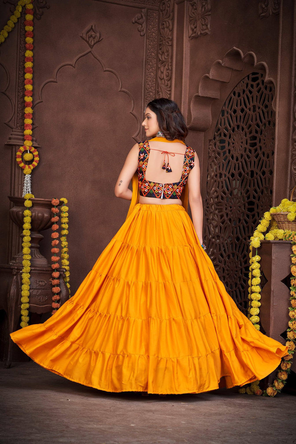 Women's Mustard French Crepe Traditional Kutchi Embroidery with Mirror Work Semi Stitched Lehenga Choli With Dupatta (Nav_03_M&B)