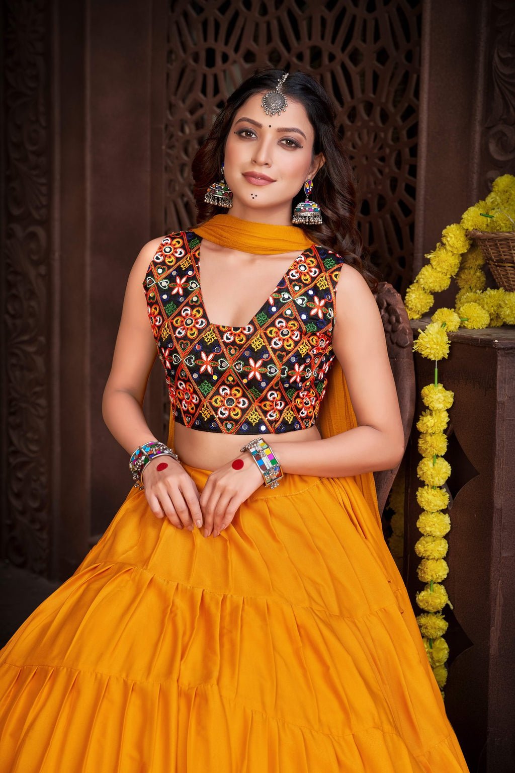 Women's Mustard French Crepe Traditional Kutchi Embroidery with Mirror Work Semi Stitched Lehenga Choli With Dupatta (Nav_03_M&B)
