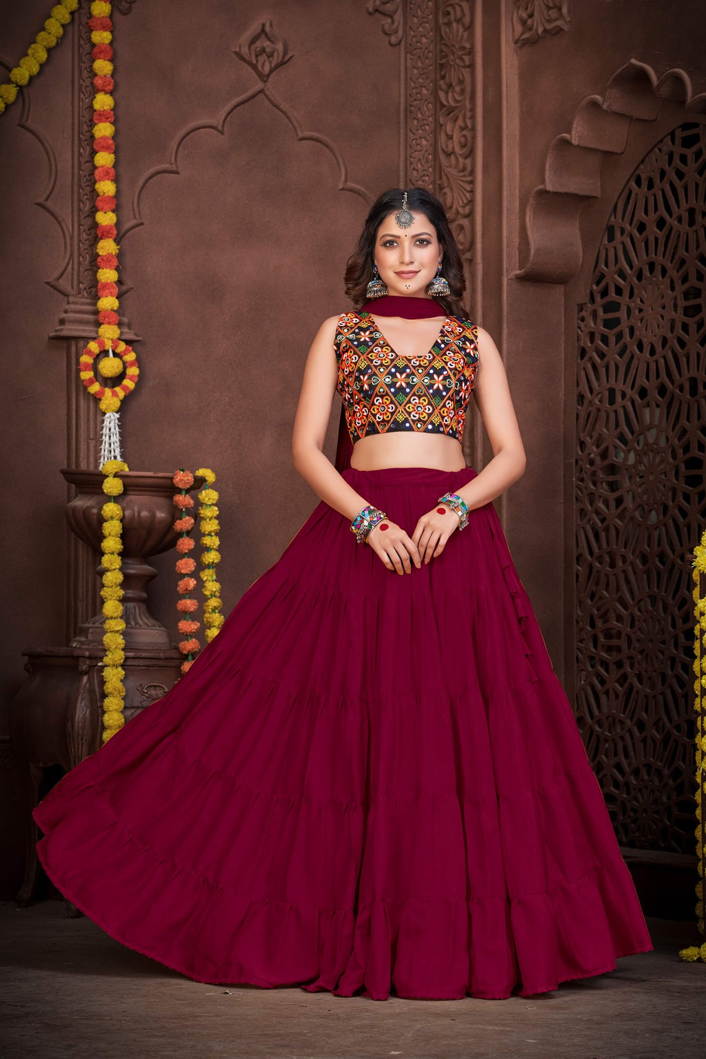 Women's Maroon French Crepe Traditional Kutchi Embroidery with Mirror Work Semi Stitched Lehenga Choli With Dupatta (Nav_03_Maroon)