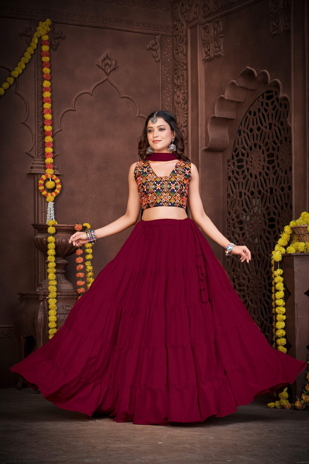 Women's Maroon French Crepe Traditional Kutchi Embroidery with Mirror Work Semi Stitched Lehenga Choli With Dupatta (Nav_03_Maroon)