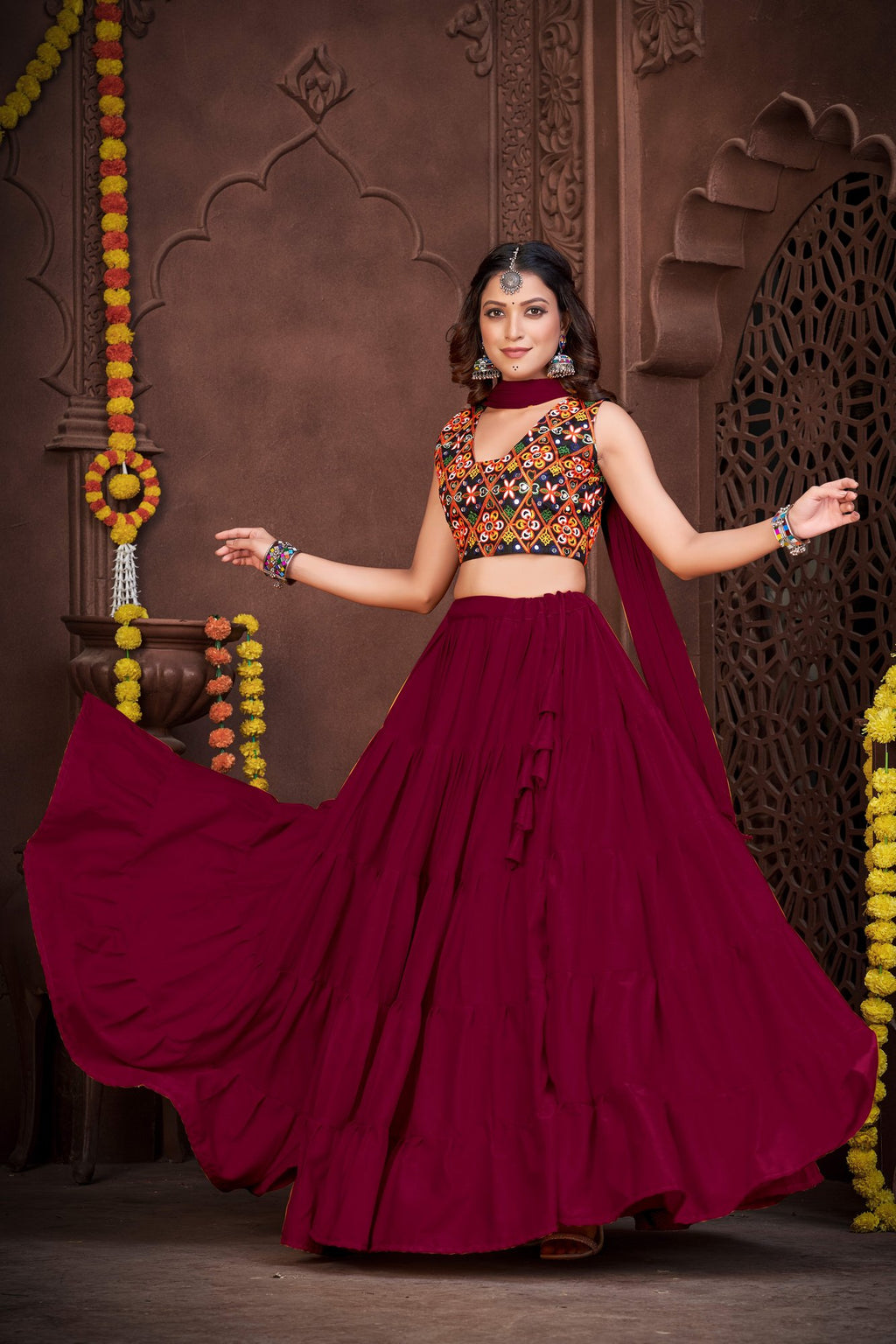 Women's Maroon French Crepe Traditional Kutchi Embroidery with Mirror Work Semi Stitched Lehenga Choli With Dupatta (Nav_03_Maroon)