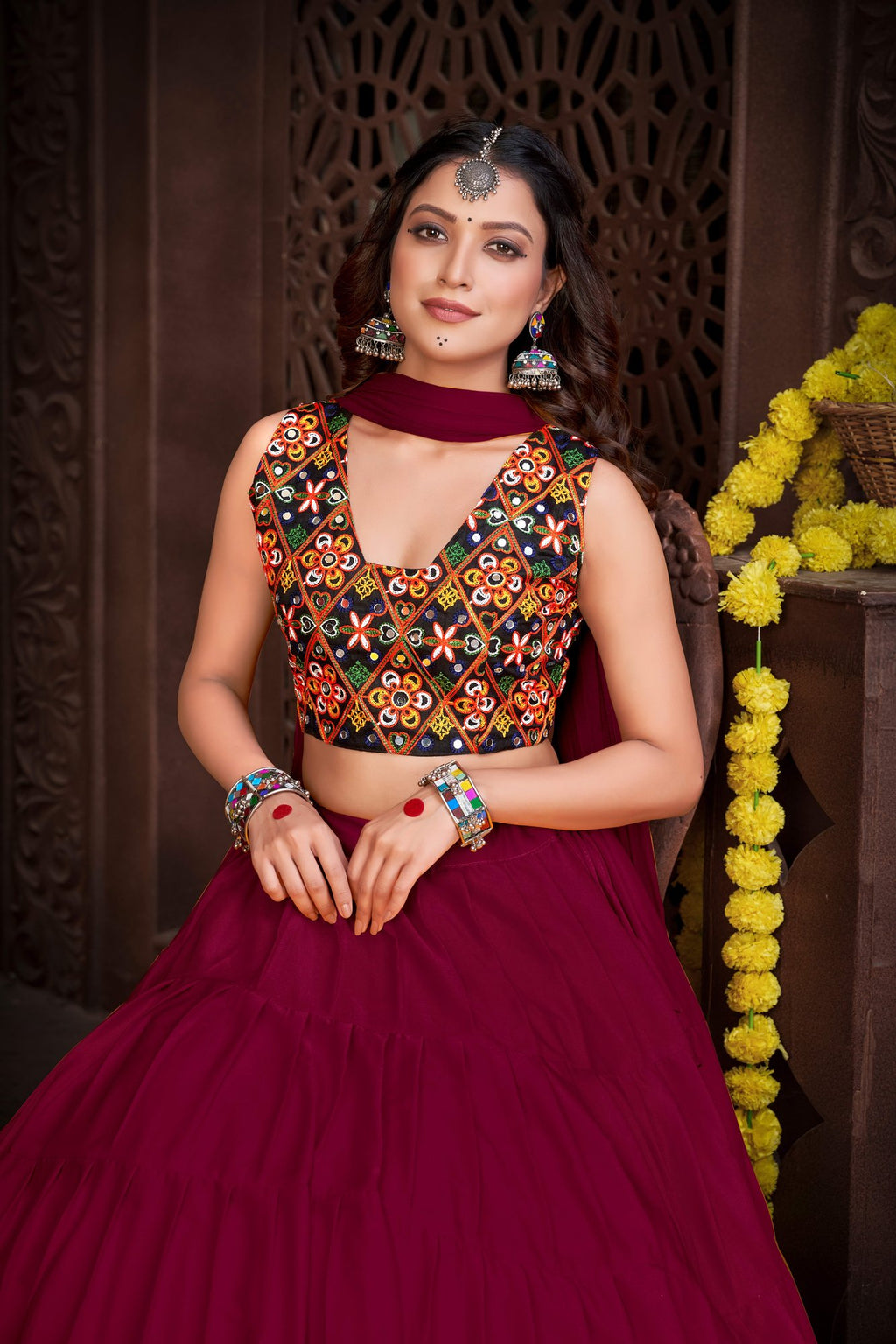 Women's Maroon French Crepe Traditional Kutchi Embroidery with Mirror Work Semi Stitched Lehenga Choli With Dupatta (Nav_03_Maroon)