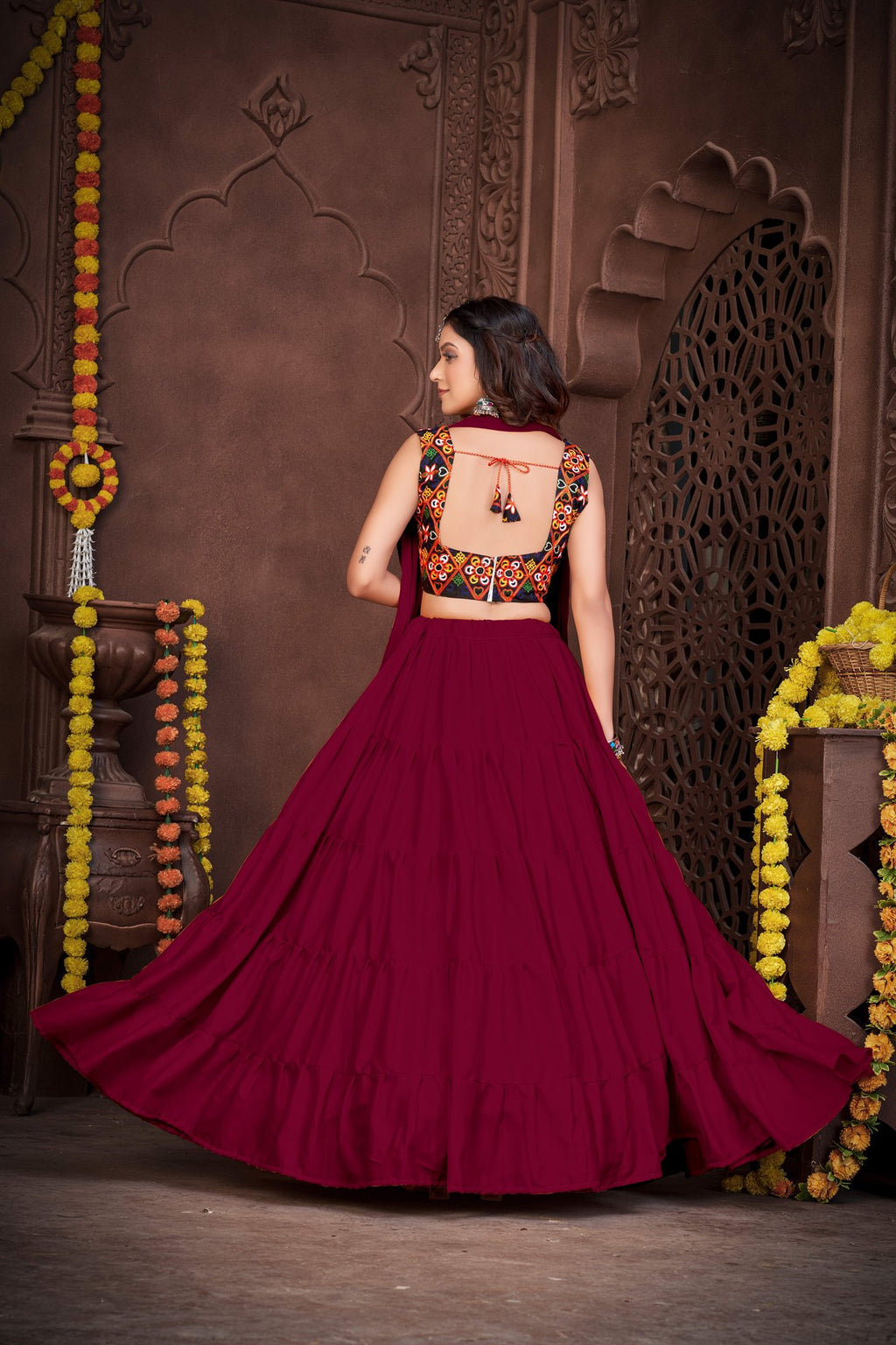 Women's Maroon French Crepe Traditional Kutchi Embroidery with Mirror Work Semi Stitched Lehenga Choli With Dupatta (Nav_03_Maroon)