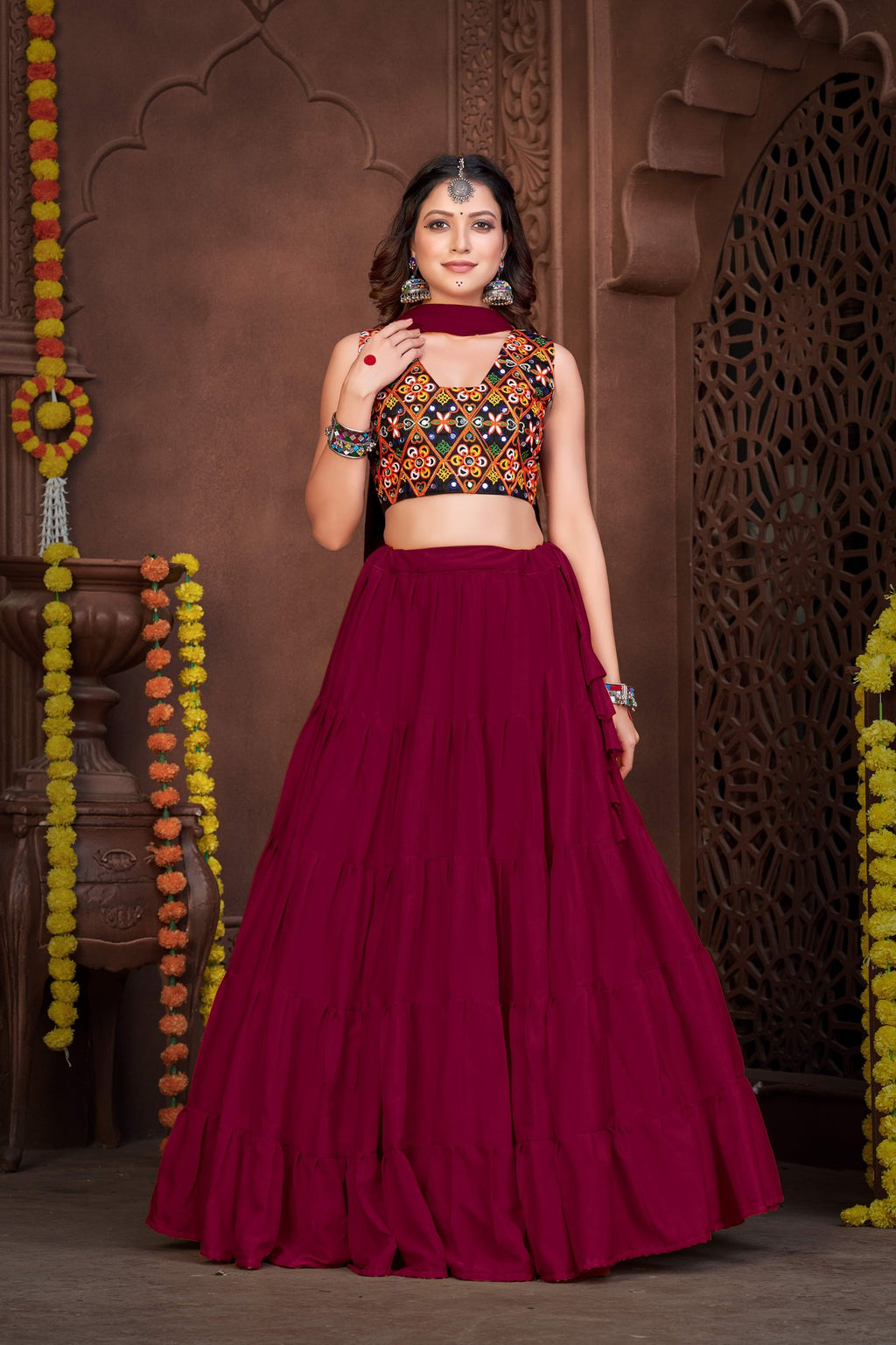 Women's Maroon French Crepe Traditional Kutchi Embroidery with Mirror Work Semi Stitched Lehenga Choli With Dupatta (Nav_03_Maroon)