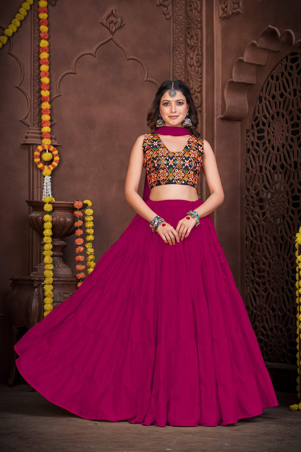 Women's Pink French Crepe Traditional Kutchi Embroidery with Mirror Work Semi Stitched Lehenga Choli With Dupatta (Nav_03_Pink)