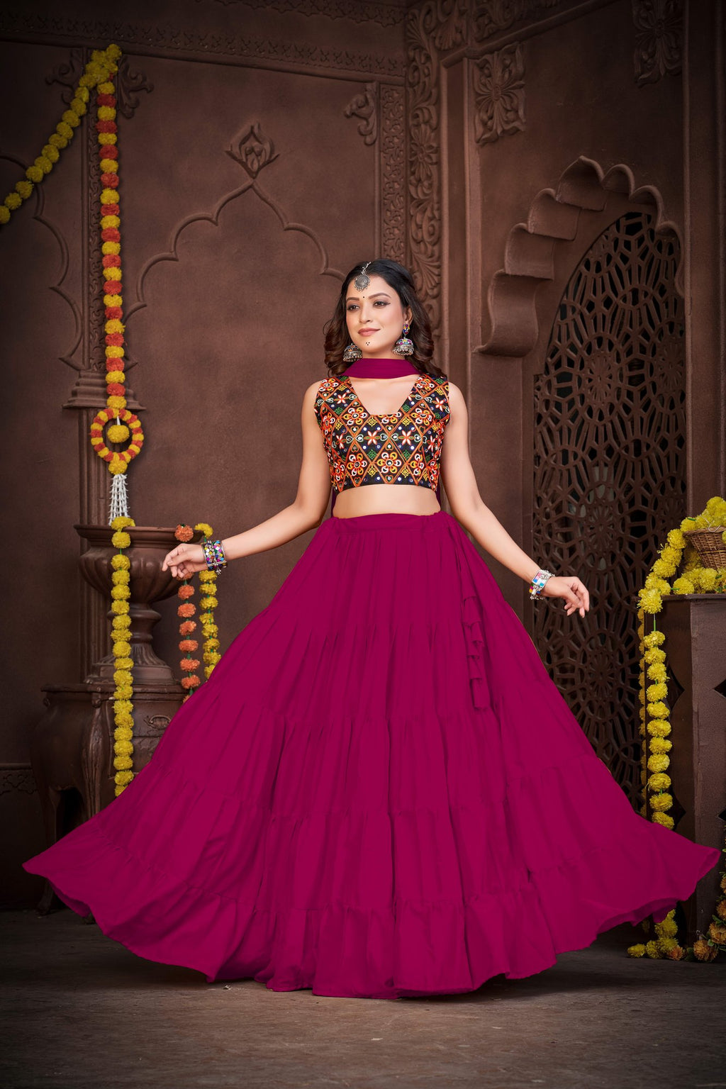 Women's Pink French Crepe Traditional Kutchi Embroidery with Mirror Work Semi Stitched Lehenga Choli With Dupatta (Nav_03_Pink)