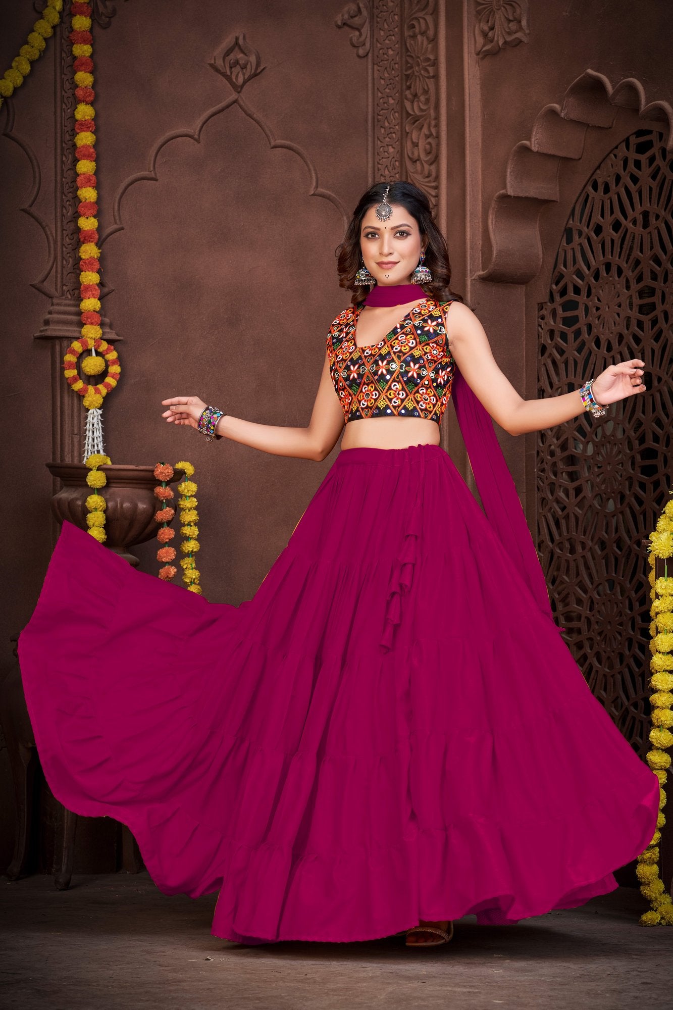 Women's Pink French Crepe Traditional Kutchi Embroidery with Mirror Work Semi Stitched Lehenga Choli With Dupatta (Nav_03_Pink)