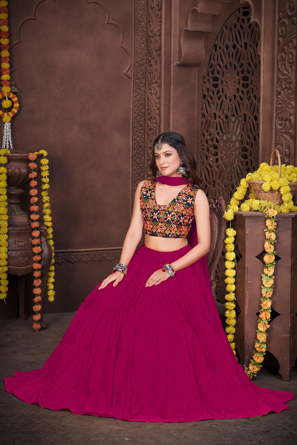 Women's Pink French Crepe Traditional Kutchi Embroidery with Mirror Work Semi Stitched Lehenga Choli With Dupatta (Nav_03_Pink)