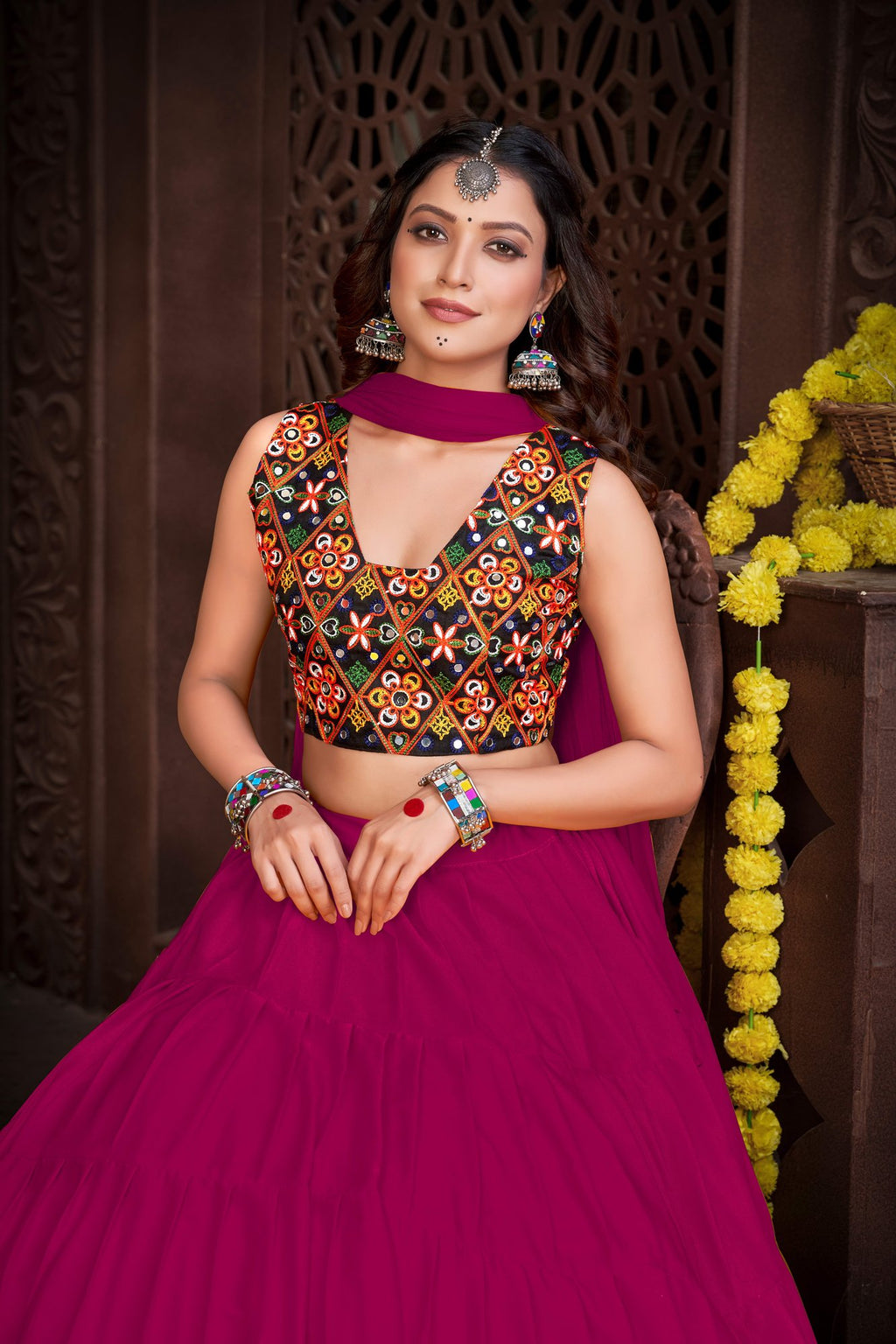 Women's Pink French Crepe Traditional Kutchi Embroidery with Mirror Work Semi Stitched Lehenga Choli With Dupatta (Nav_03_Pink)