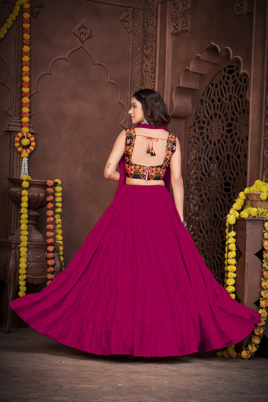 Women's Pink French Crepe Traditional Kutchi Embroidery with Mirror Work Semi Stitched Lehenga Choli With Dupatta (Nav_03_Pink)