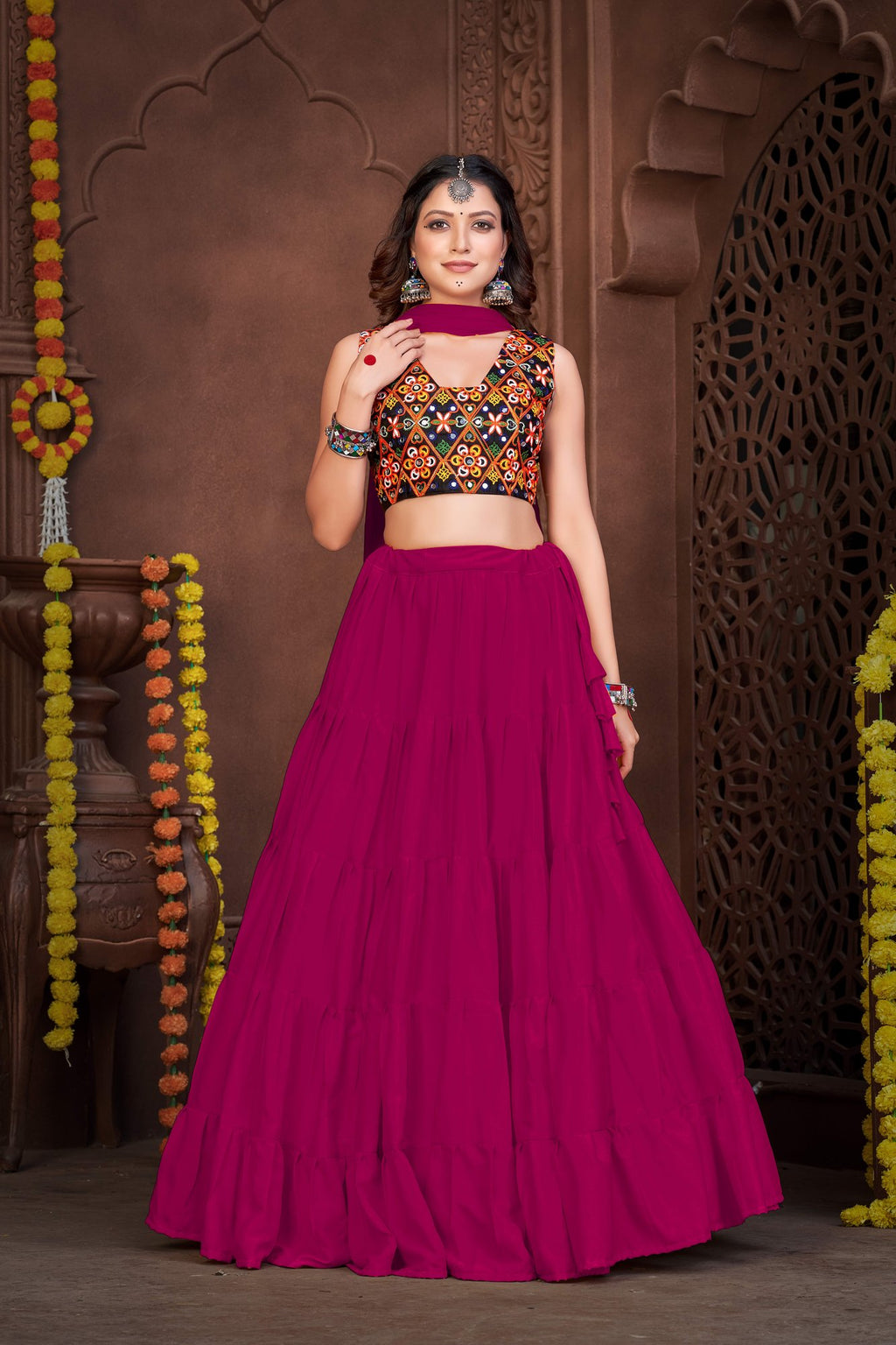 Women's Pink French Crepe Traditional Kutchi Embroidery with Mirror Work Semi Stitched Lehenga Choli With Dupatta (Nav_03_Pink)