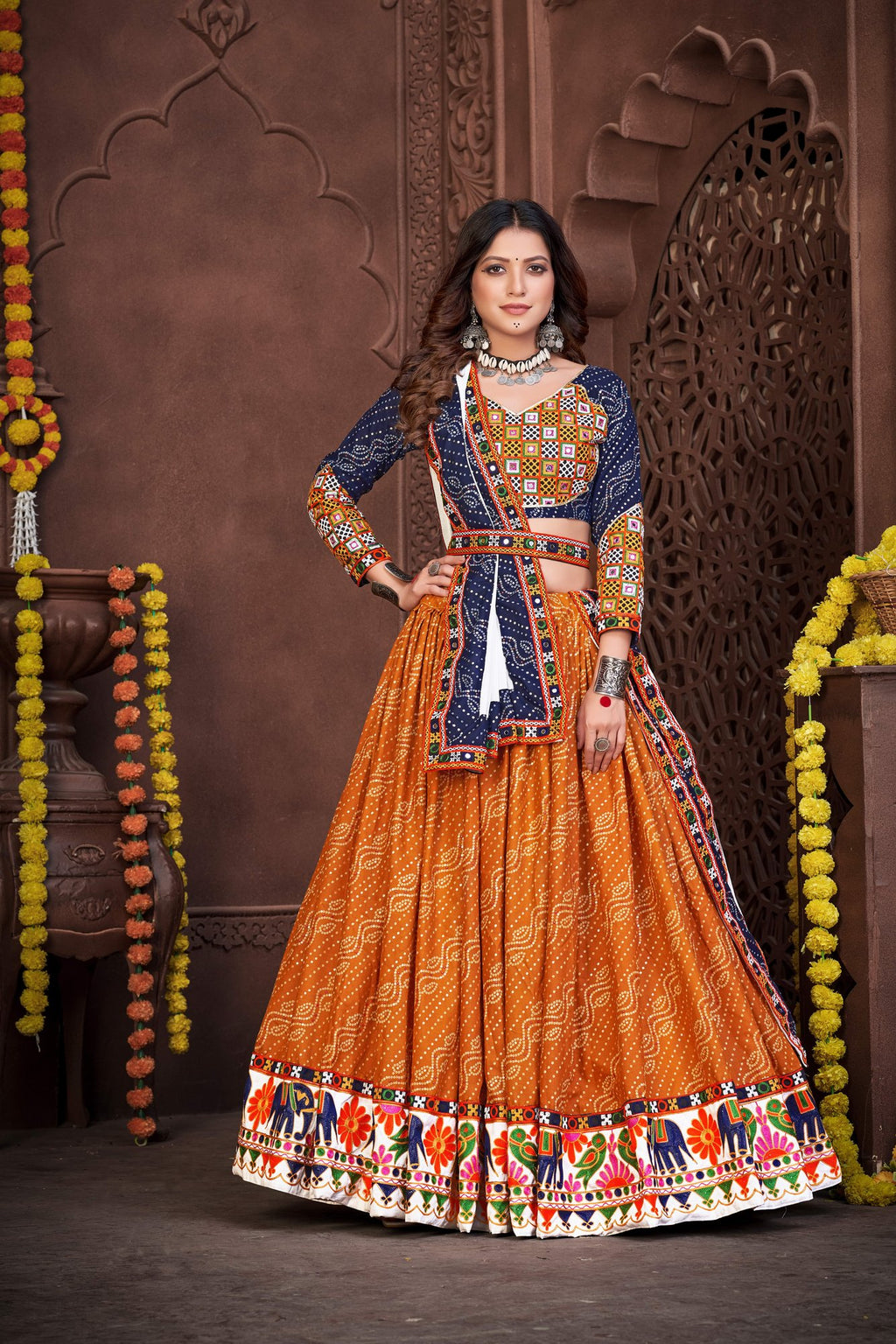 Women's Mustard Cotton silk Traditional Kutchi Embroidery with Mirror Work Semi Stitched Lehenga Choli With Dupatta (Nav_05_Blue&Mustard)