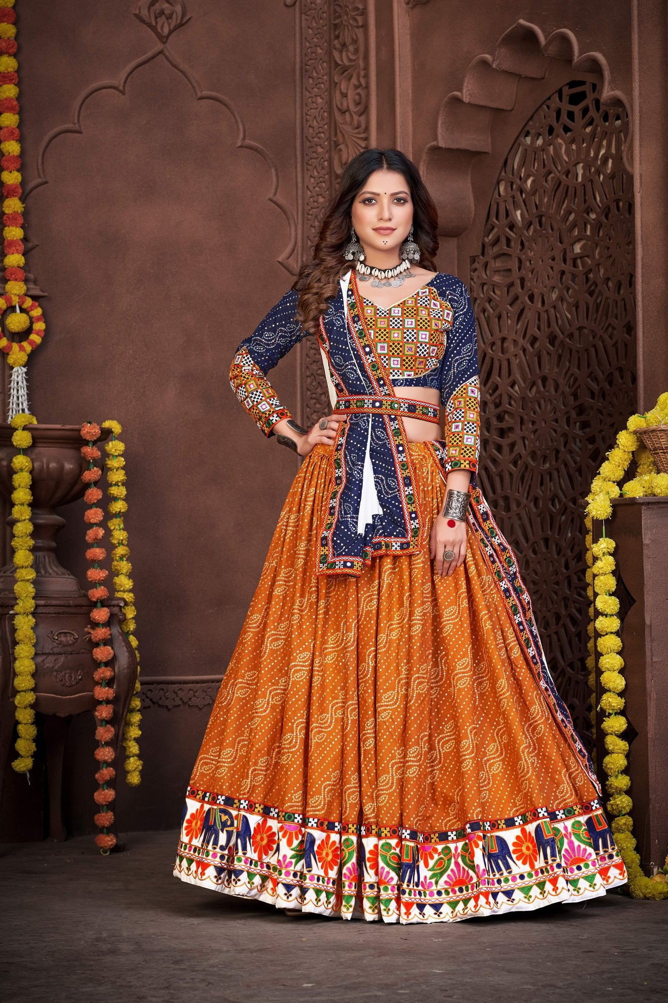 Women's Mustard Cotton silk Traditional Kutchi Embroidery with Mirror Work Semi Stitched Lehenga Choli With Dupatta (Nav_05_Blue&Mustard)