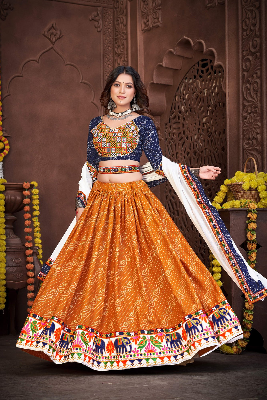 Women's Mustard Cotton silk Traditional Kutchi Embroidery with Mirror Work Semi Stitched Lehenga Choli With Dupatta (Nav_05_Blue&Mustard)