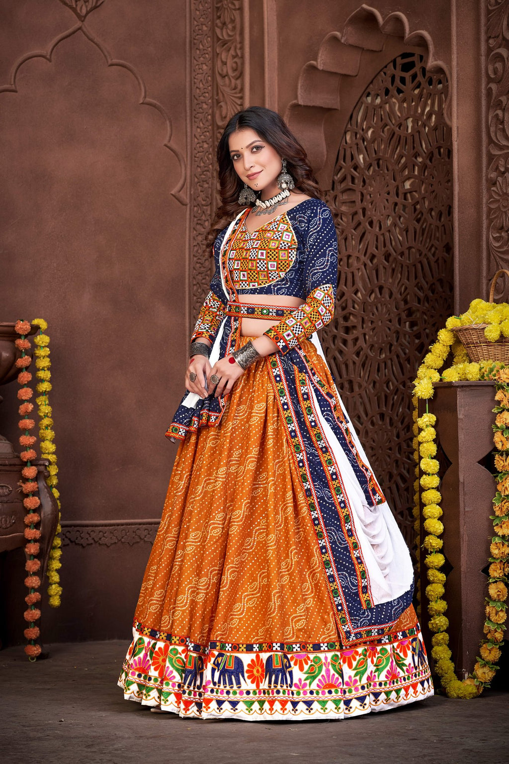 Women's Mustard Cotton silk Traditional Kutchi Embroidery with Mirror Work Semi Stitched Lehenga Choli With Dupatta (Nav_05_Blue&Mustard)