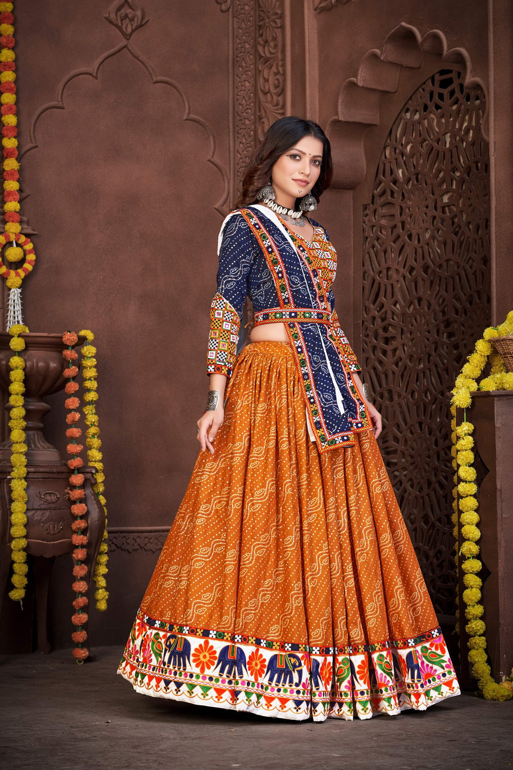 Women's Mustard Cotton silk Traditional Kutchi Embroidery with Mirror Work Semi Stitched Lehenga Choli With Dupatta (Nav_05_Blue&Mustard)