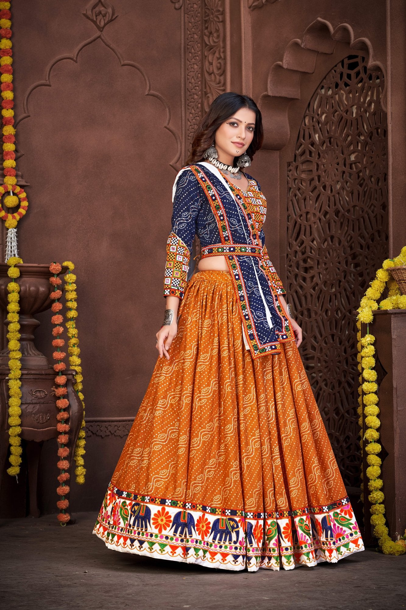Women's Mustard Cotton silk Traditional Kutchi Embroidery with Mirror Work Semi Stitched Lehenga Choli With Dupatta (Nav_05_Blue&Mustard)