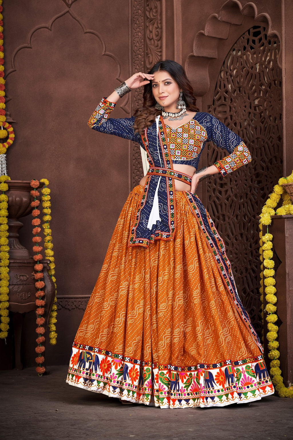 Women's Mustard Cotton silk Traditional Kutchi Embroidery with Mirror Work Semi Stitched Lehenga Choli With Dupatta (Nav_05_Blue&Mustard)