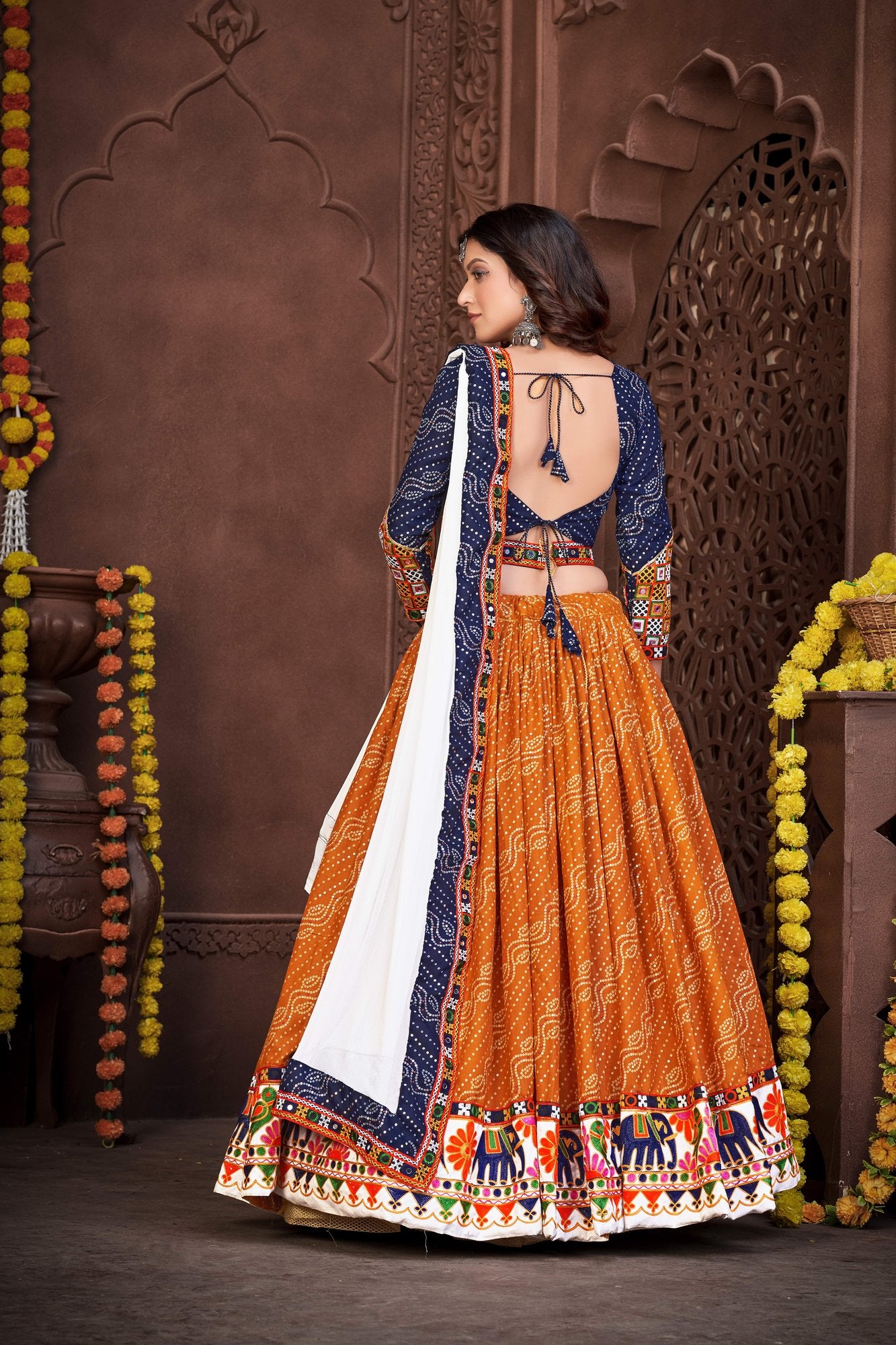 Women's Mustard Cotton silk Traditional Kutchi Embroidery with Mirror Work Semi Stitched Lehenga Choli With Dupatta (Nav_05_Blue&Mustard)