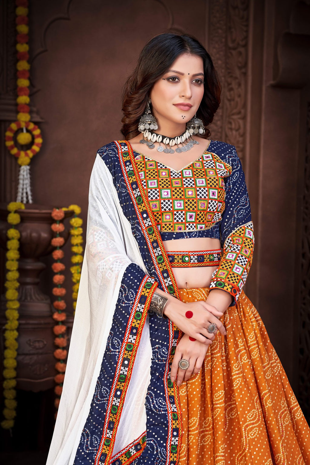 Women's Mustard Cotton silk Traditional Kutchi Embroidery with Mirror Work Semi Stitched Lehenga Choli With Dupatta (Nav_05_Blue&Mustard)