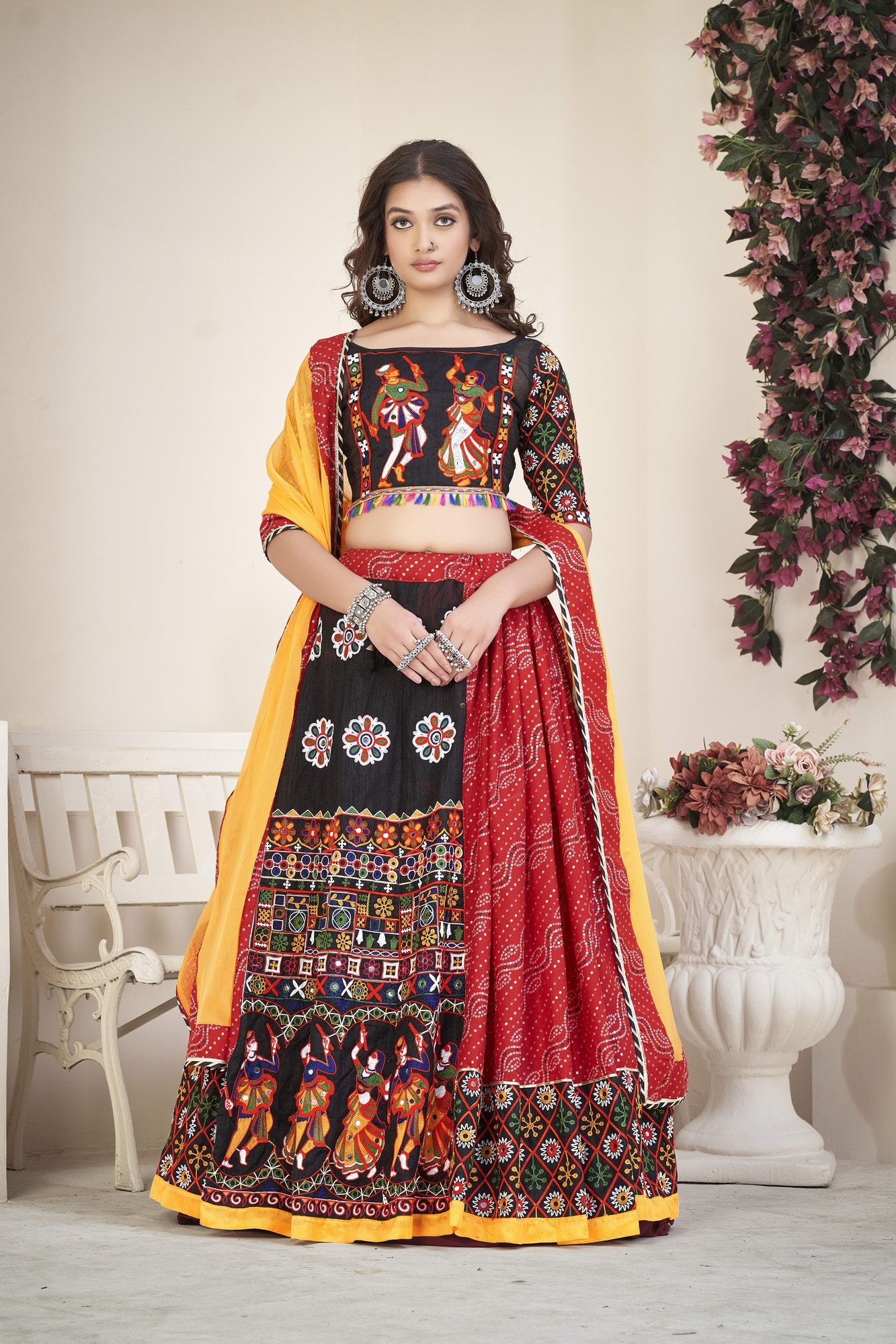 Women's Red Cotton silk, Traditional Kutchi Embroidery with Mirror Work Semi Stitched Lehenga Choli With Dupatta (Nav_06_Red)