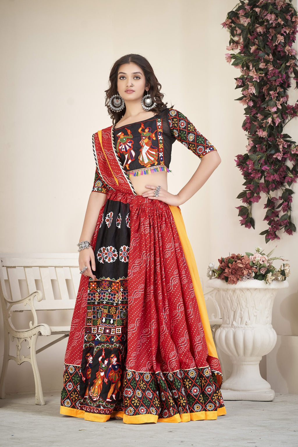 Women's Red Cotton silk, Traditional Kutchi Embroidery with Mirror Work Semi Stitched Lehenga Choli With Dupatta (Nav_06_Red)