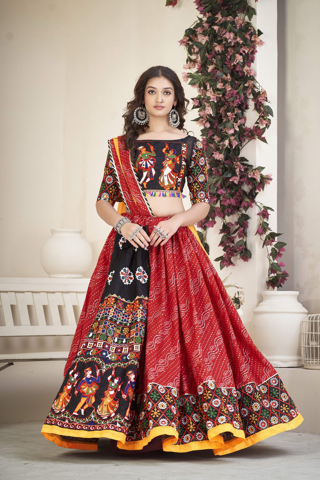 Women's Red Cotton silk, Traditional Kutchi Embroidery with Mirror Work Semi Stitched Lehenga Choli With Dupatta (Nav_06_Red)