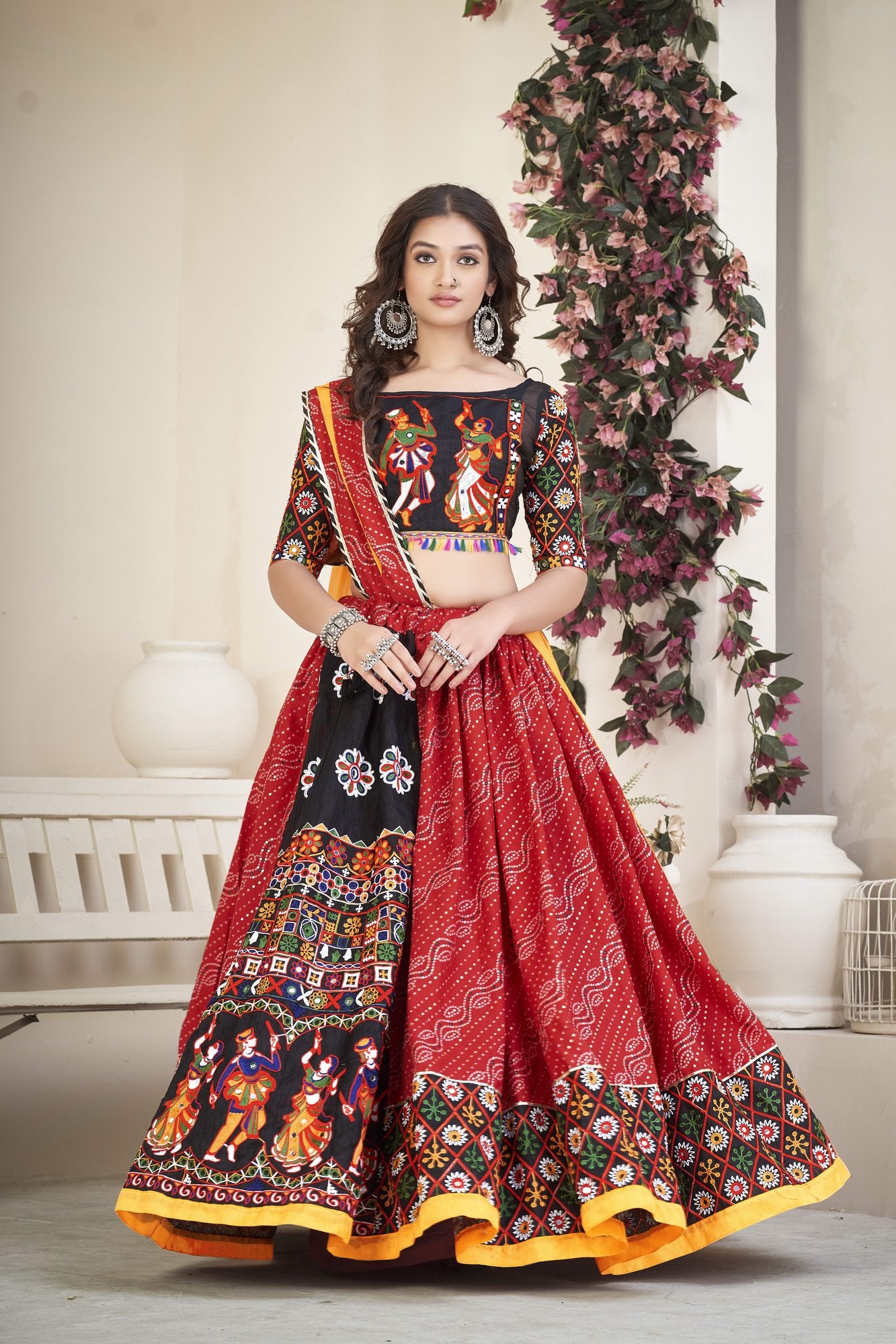 Women's Red Cotton silk, Traditional Kutchi Embroidery with Mirror Work Semi Stitched Lehenga Choli With Dupatta (Nav_06_Red)