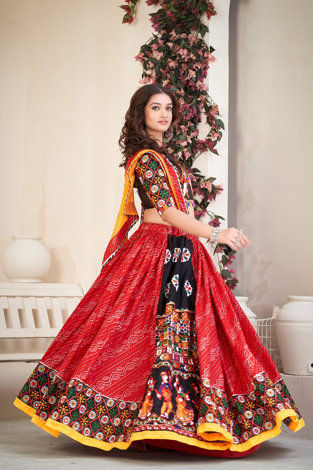 Women's Red Cotton silk, Traditional Kutchi Embroidery with Mirror Work Semi Stitched Lehenga Choli With Dupatta (Nav_06_Red)