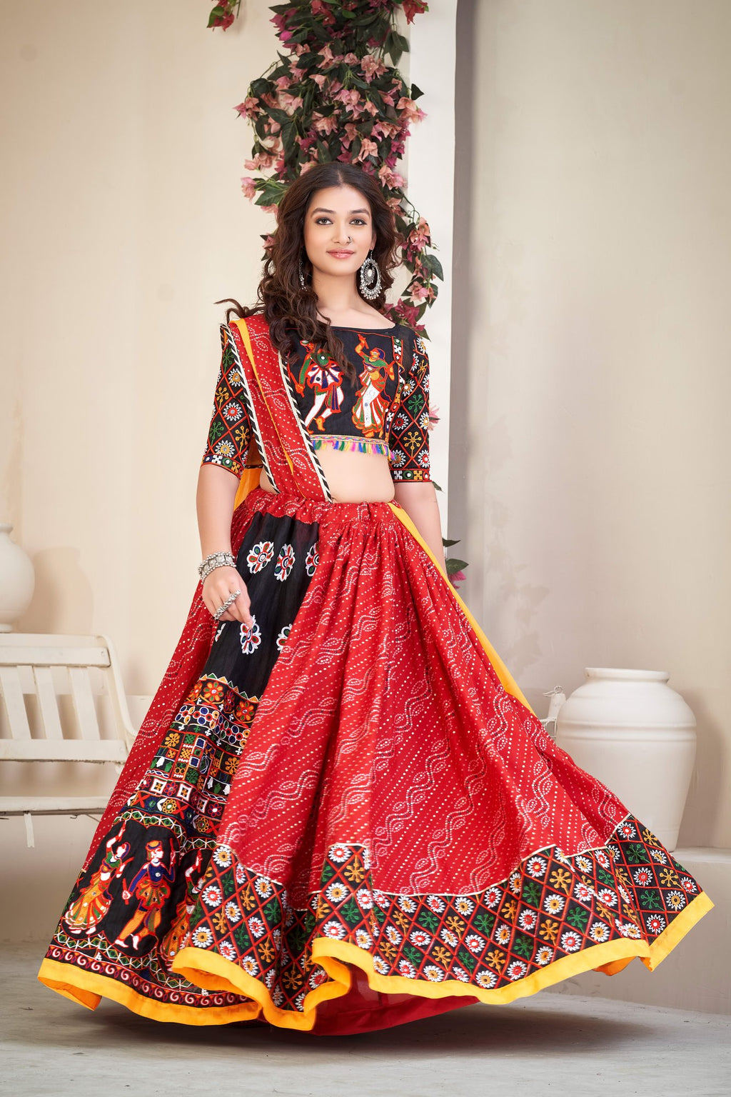 Women's Red Cotton silk, Traditional Kutchi Embroidery with Mirror Work Semi Stitched Lehenga Choli With Dupatta (Nav_06_Red)
