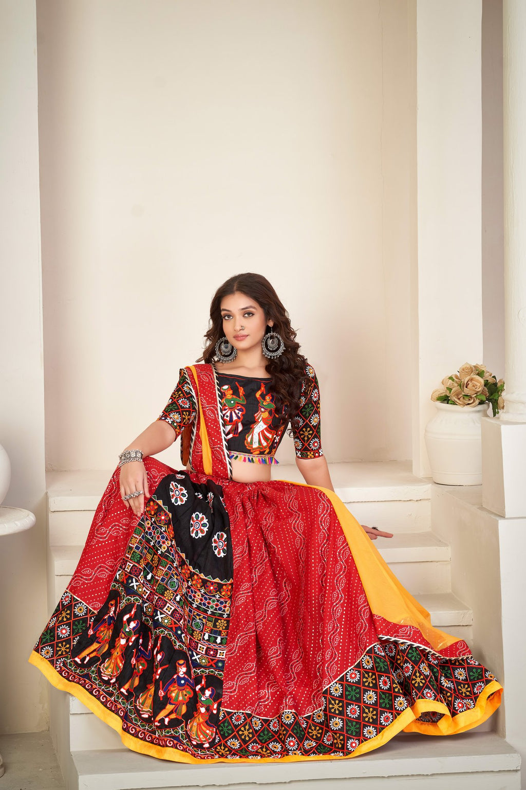 Women's Red Cotton silk, Traditional Kutchi Embroidery with Mirror Work Semi Stitched Lehenga Choli With Dupatta (Nav_06_Red)