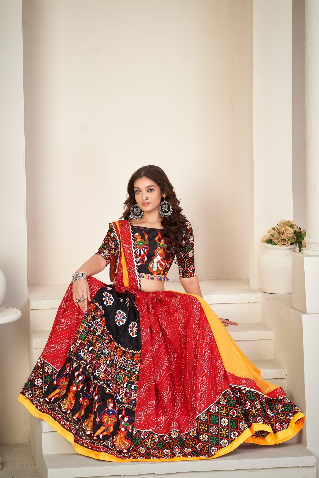 Women's Red Cotton silk, Traditional Kutchi Embroidery with Mirror Work Semi Stitched Lehenga Choli With Dupatta (Nav_06_Red)